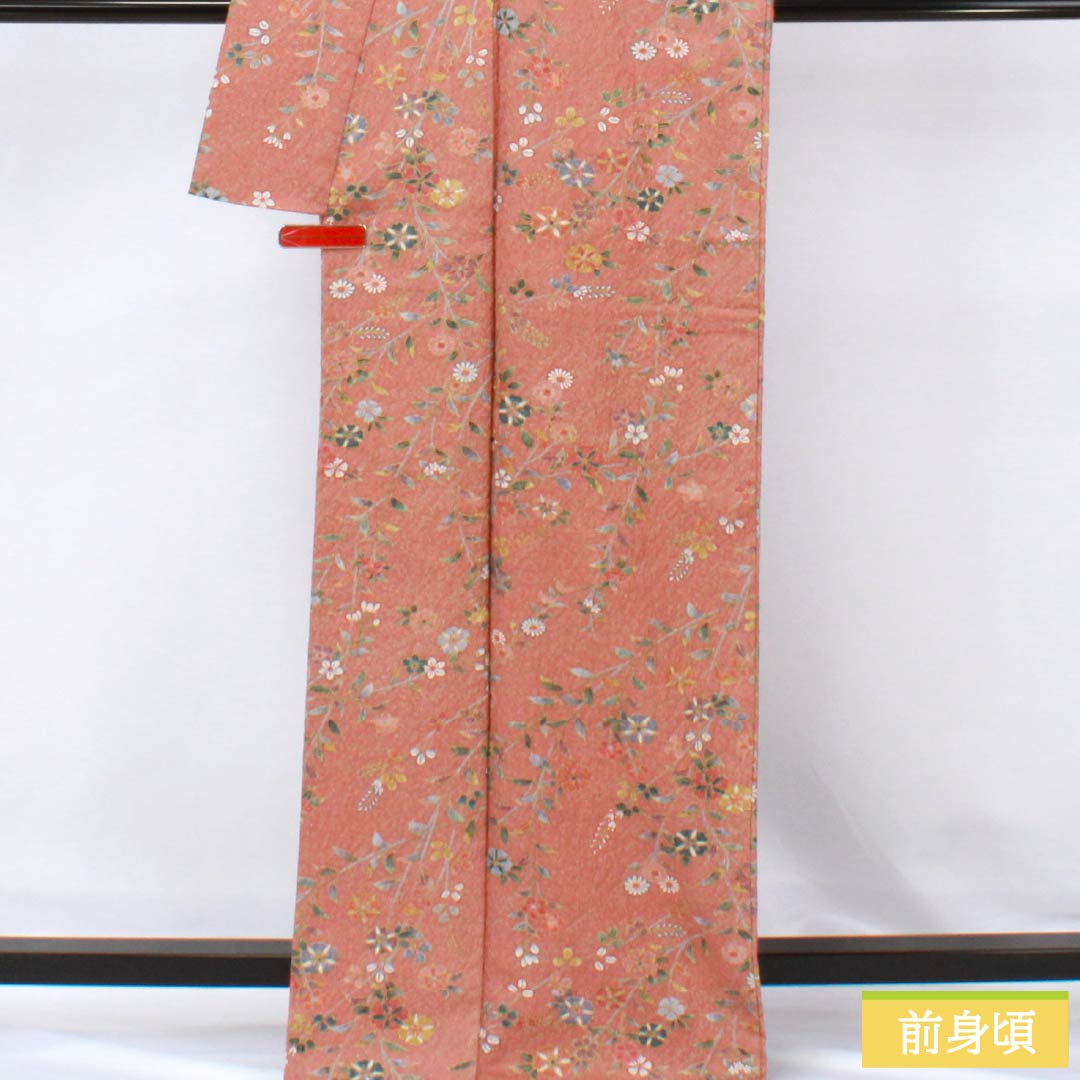 Komon (small pattern) kimono, pure silk, S rank, length 168cm, sleeve length 66cm, lined, light purple (asakura) color, floral pattern, pink with basting thread, product number 1115007152513