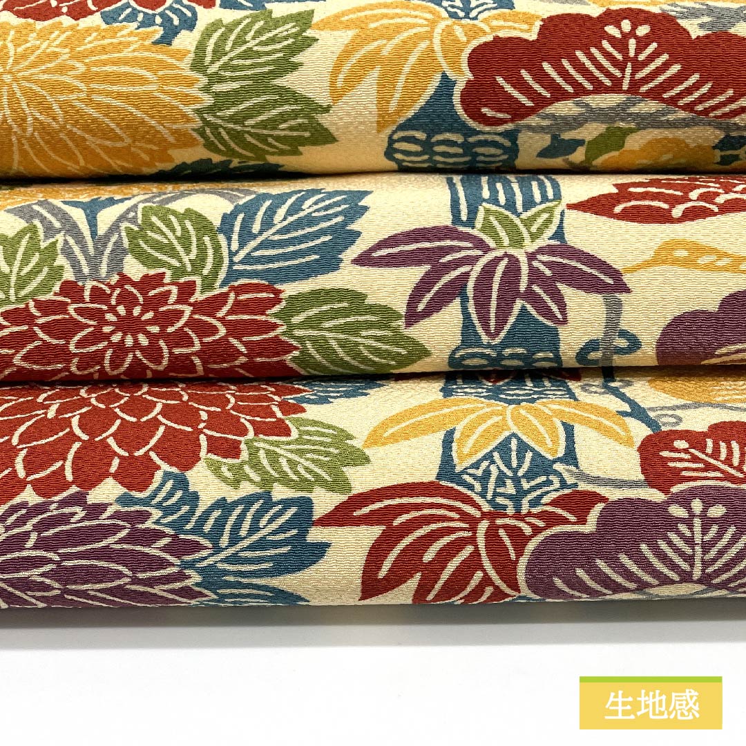 Nagoya obi, Koji-iro, Pine, Bamboo, Plum, Marshmallow, Bingata pattern, Length 360cm, Pure silk, S rank, Full length, Casual, Cream color, 1124006472315, Nagoya style