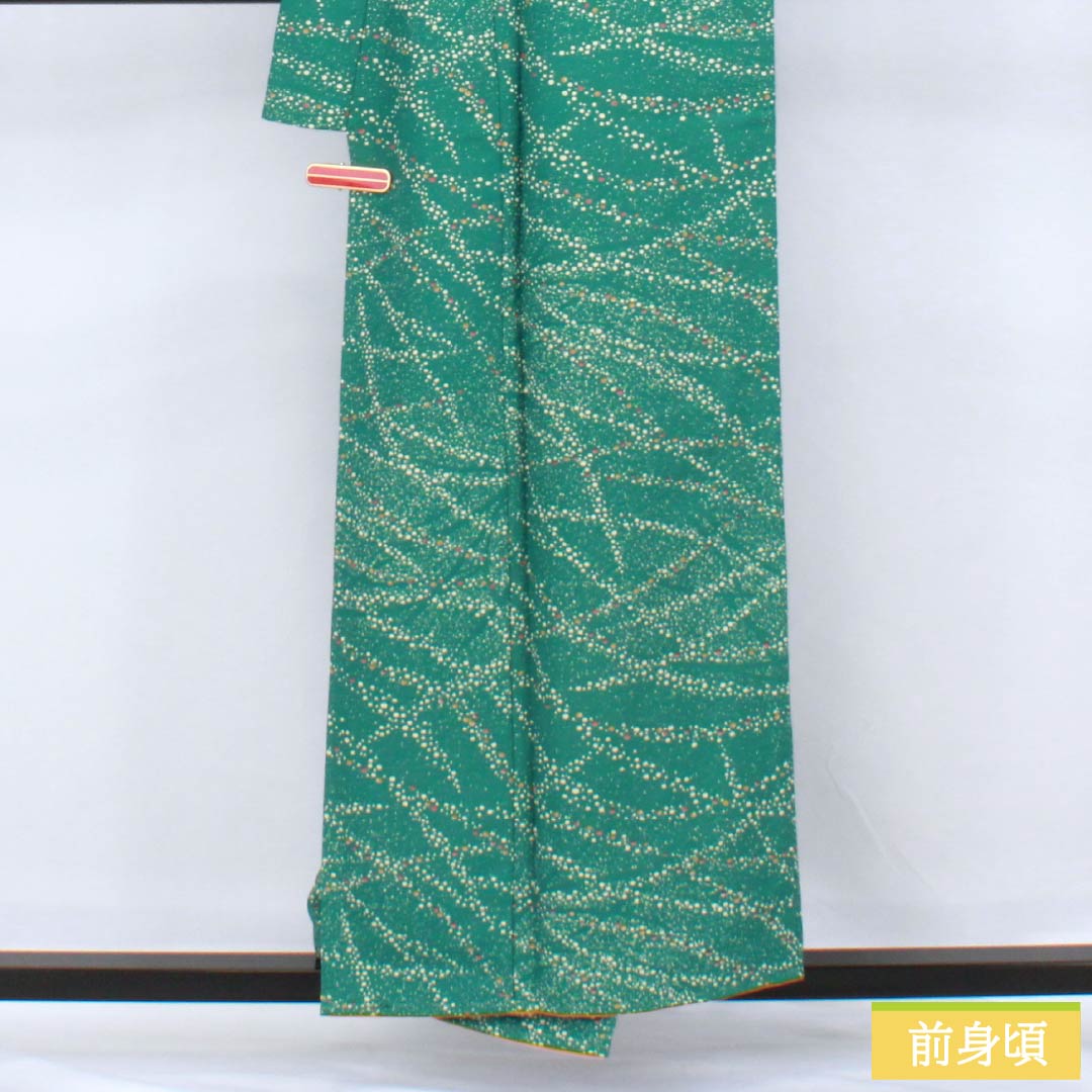 Komon (small pattern) kimono, polyester, length 156cm, sleeve length 64cm, lined, medium indigo blue (nakanoaiiro), polka dot pattern, washable, with basting thread, S rank, green, 1115006222319