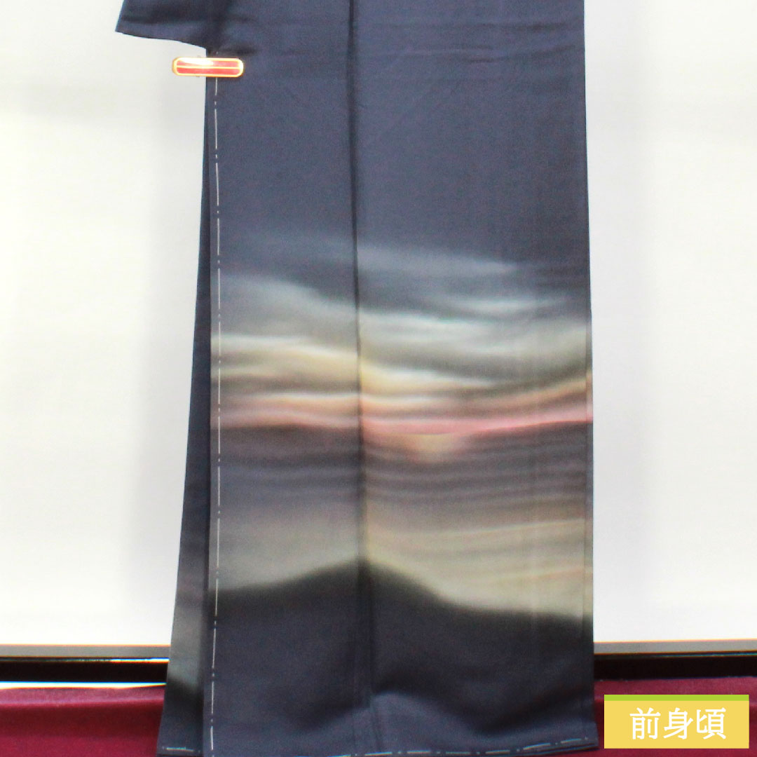 訪問着 正絹 袷 身丈167cm 裄丈66.5cm 瞑色（めいしょく） 風景模様 Aランク 紺系 1112004293518