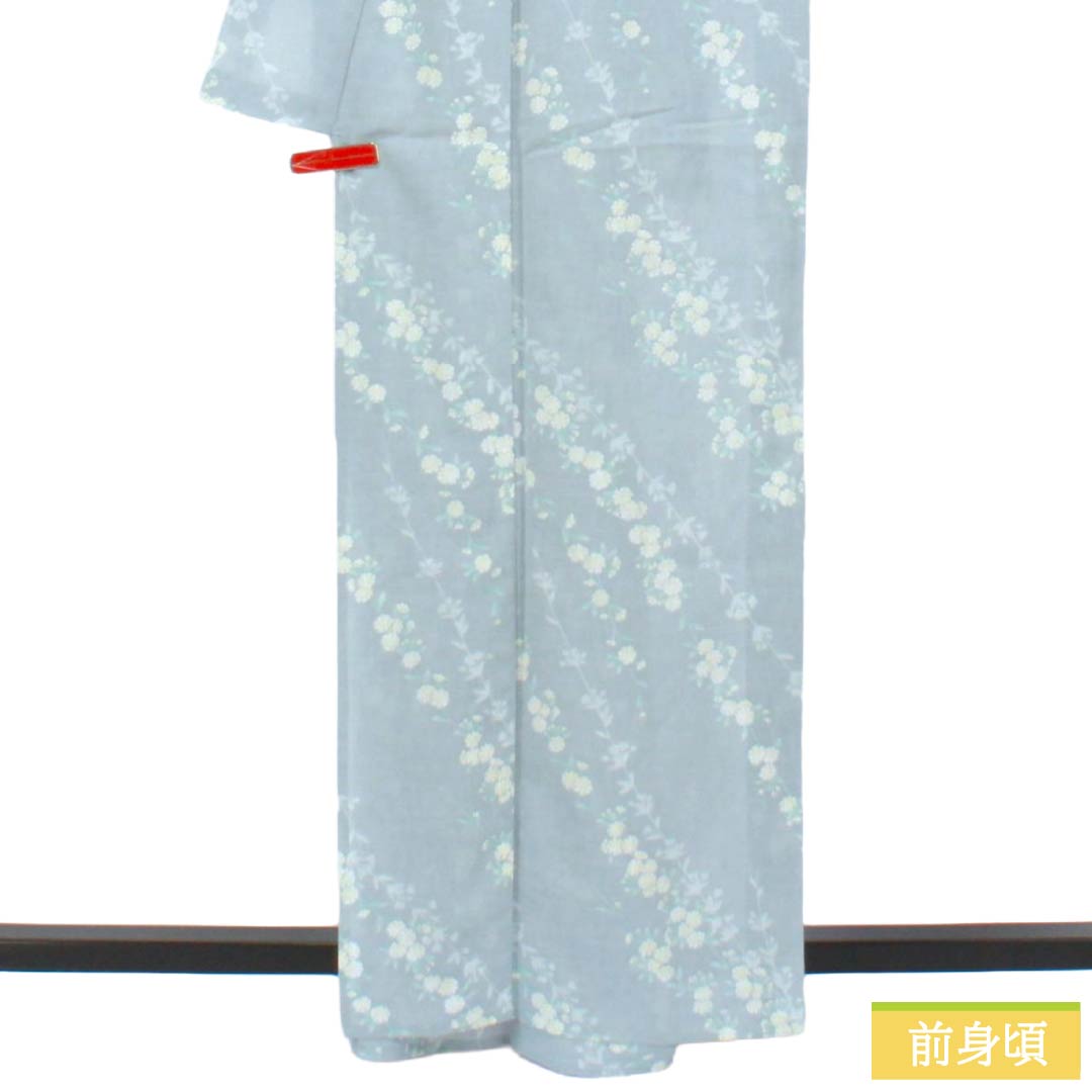 夏物 ポリエステル 小紋 Sランク 身丈161.5cm 裄丈66cm 空色鼠色（そらいろねずいろ） 草花模様 洗える着物 しつけ糸付き 紗 グレー系 1132003582422