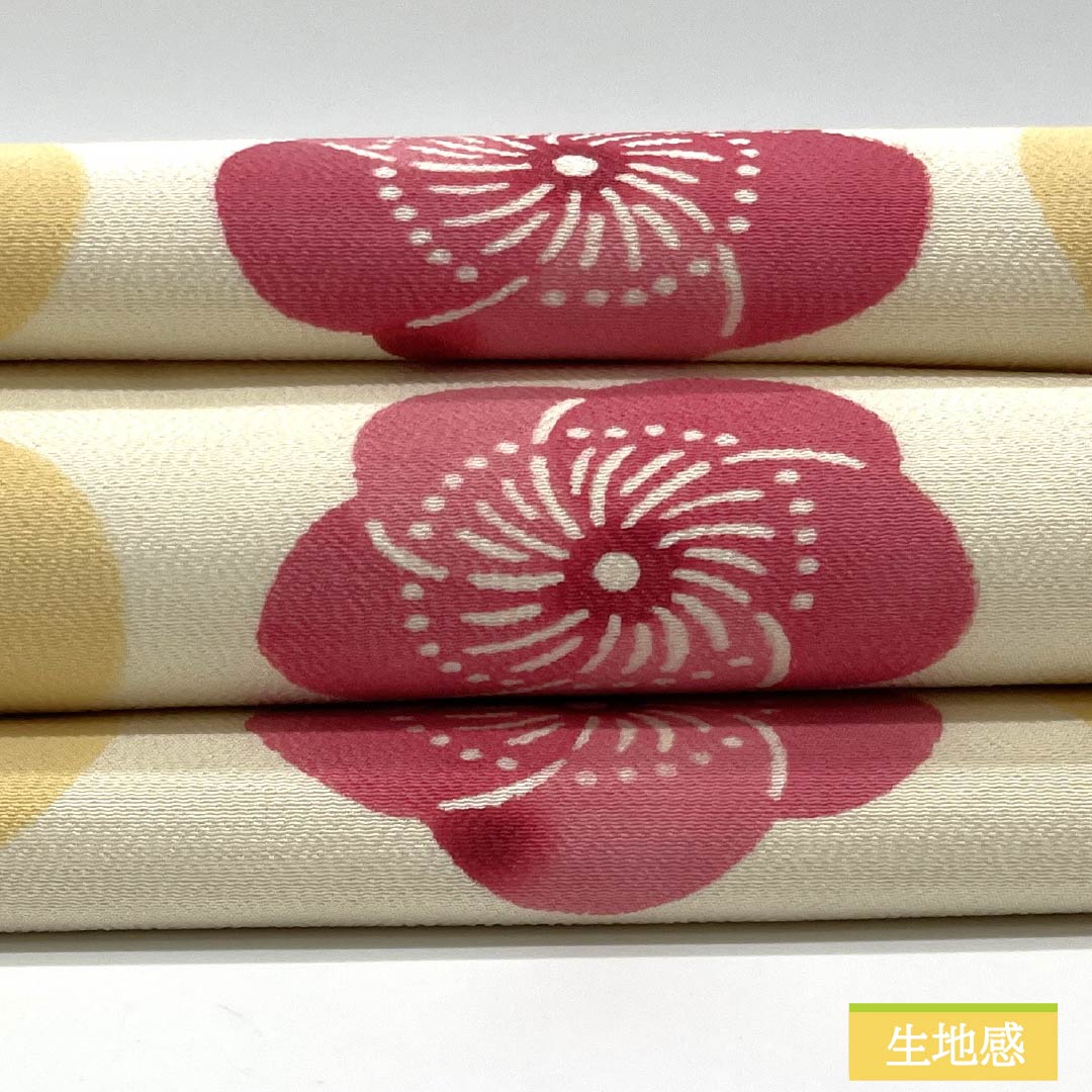 Nagoya obi, natural color (kinariiro), stencil-dyed, crepe fabric, twisted plum, obi length 360cm, pure silk, S rank, full length, casual, cream color, 1124007702315, Nagoya style