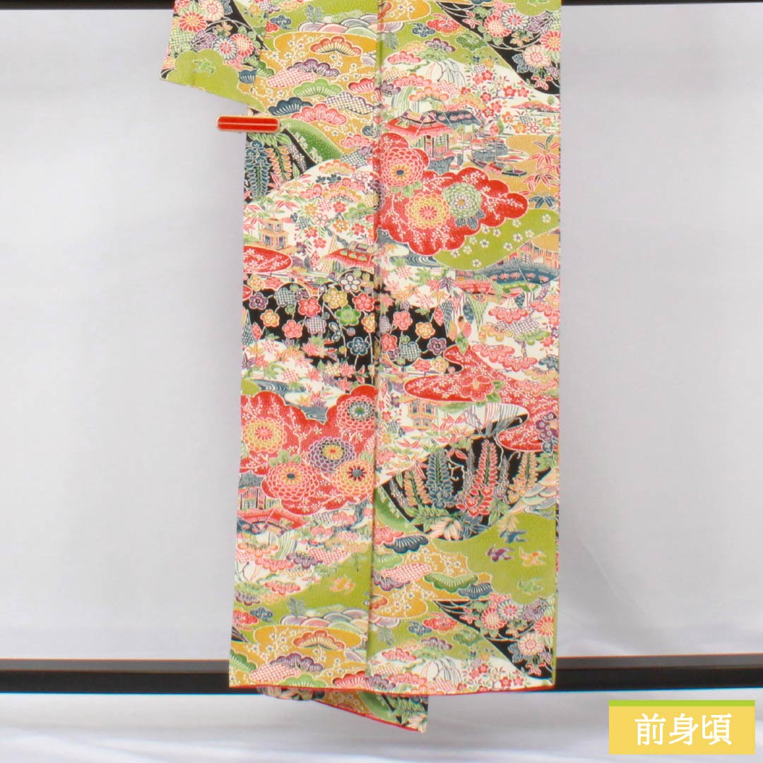 小紋 正絹 Sランク 身丈154cm 裄丈62cm 袷 鶸萌黄色（ひわもえぎいろ） 京紅型 吉祥文様 緑系 1115006832219