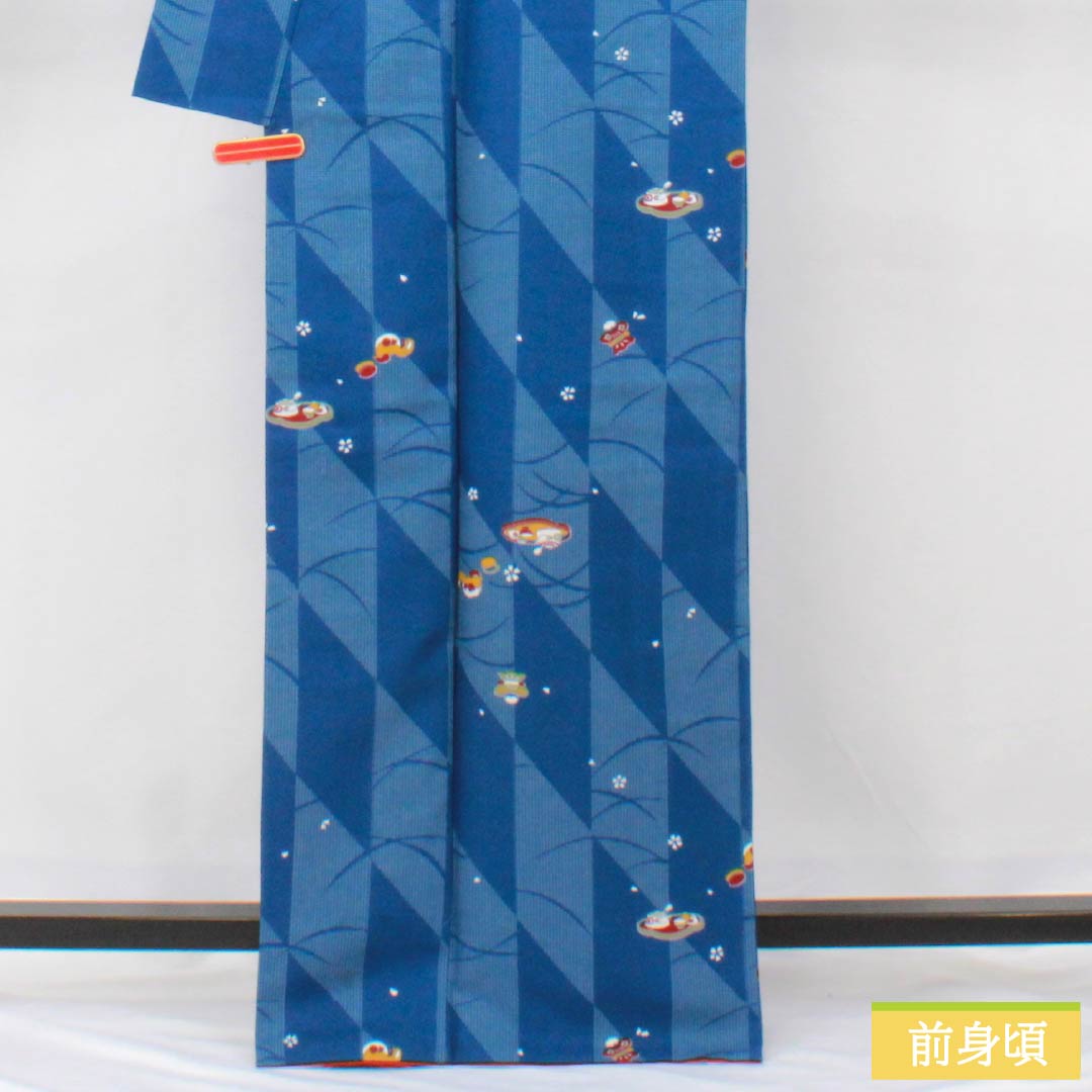 小紋 ポリエステル 身丈166cm 裄丈67cm 袷 紺青色（こんじょういろ） レトロ模様 洗える着物 Sランク 青系 1115005922517