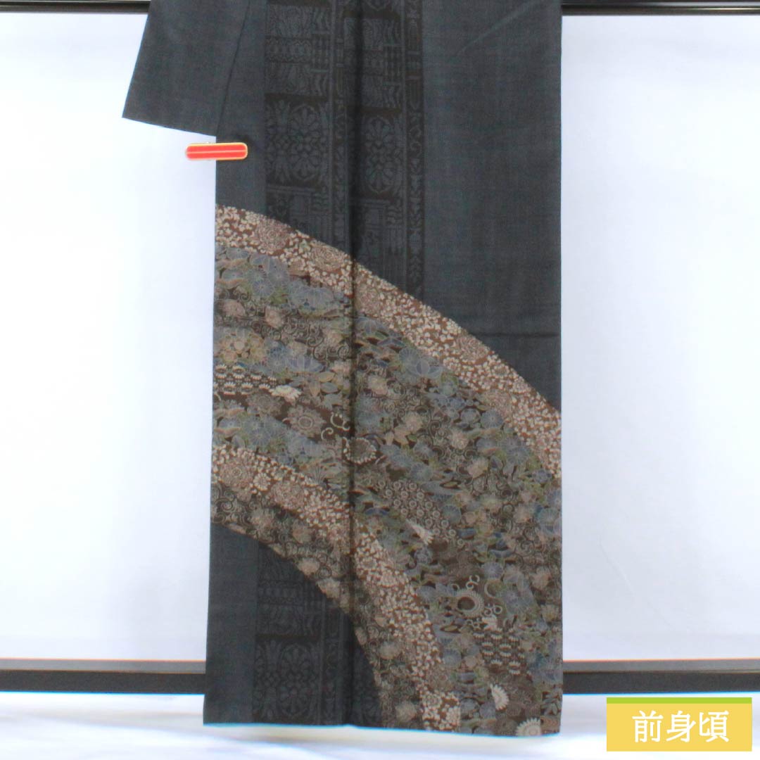 Visiting Kimono, Pure Silk, S Rank, Lined, Length 161.5cm, Sleeve Length 65.5cm, Navy Blue, Oshima Tsumugi, Floral Pattern, Navy Blue, Product Number: 1112007302418