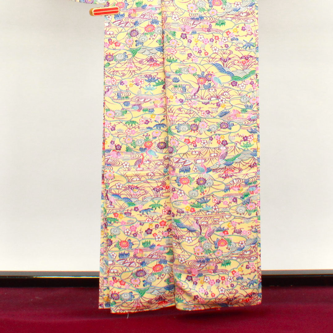 小紋 身丈161.5cm 裄丈65cm 袷  しつけ糸付き 未使用品 薄柑子色 型染 吉祥文様  正絹 Sランク 黄系 1115003392423