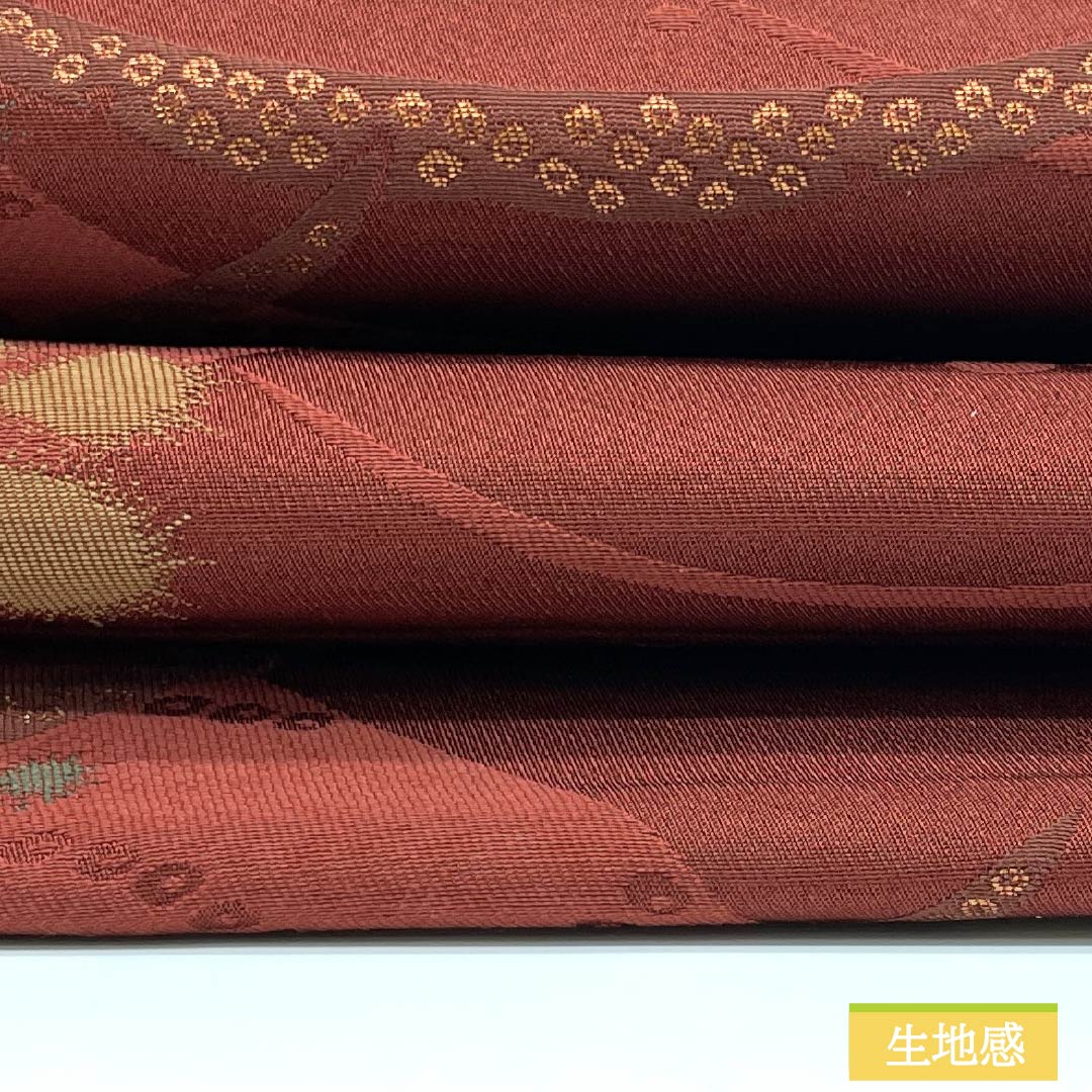 (Kyoto Fukuro Obi) Nagoya Obi, Polyester, Grade A, Copper-Colored (Shakudo-iro), Kyoto Fukuro Obi, Dewgrass, Floral Pattern, Length 364cm, Six-Ply, Casual, Vermilion, 1124010653316, Open-Weave