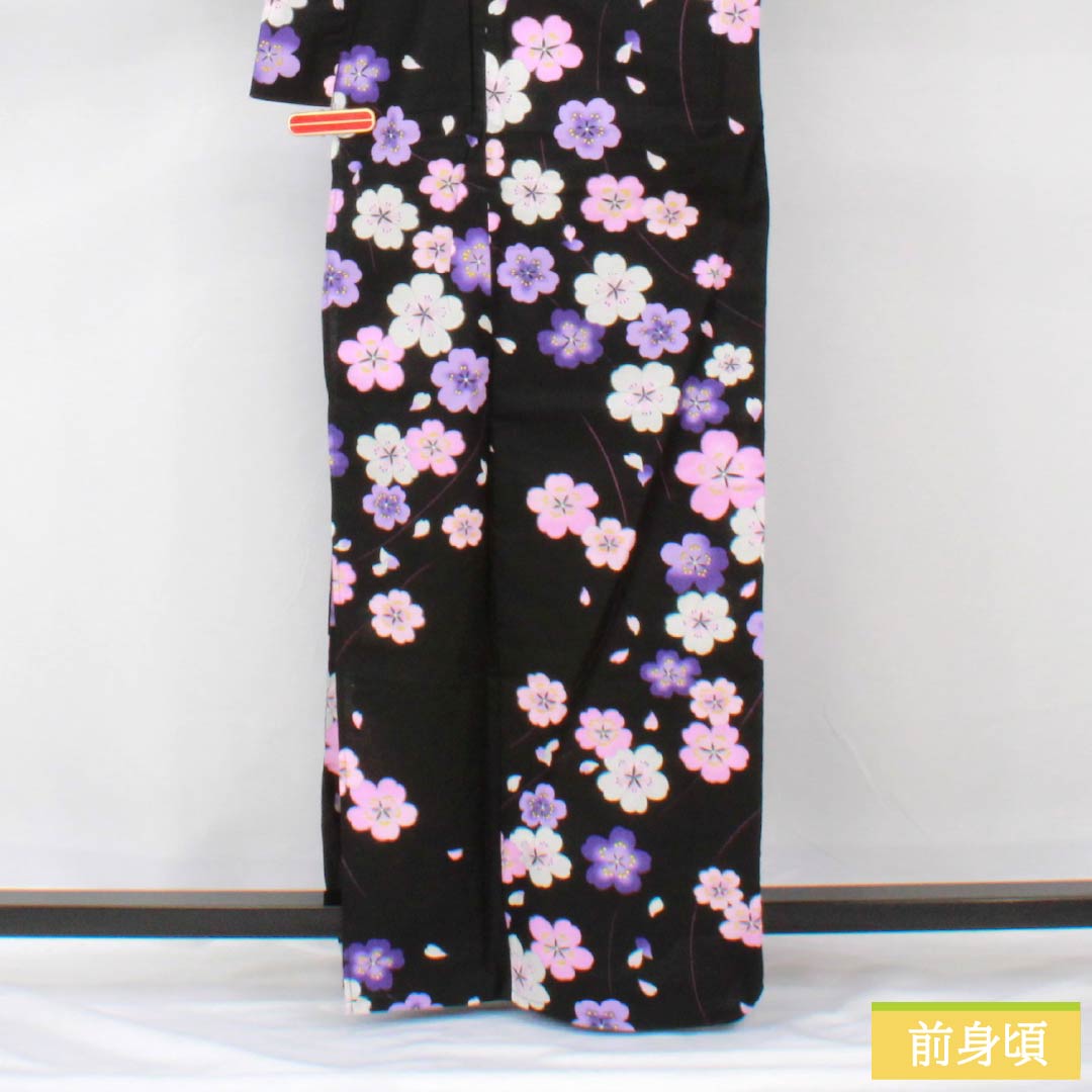浴衣 木綿 身丈166.5cm 裄丈62.5cm Sランク 単衣 黒系 桜 1118005932510