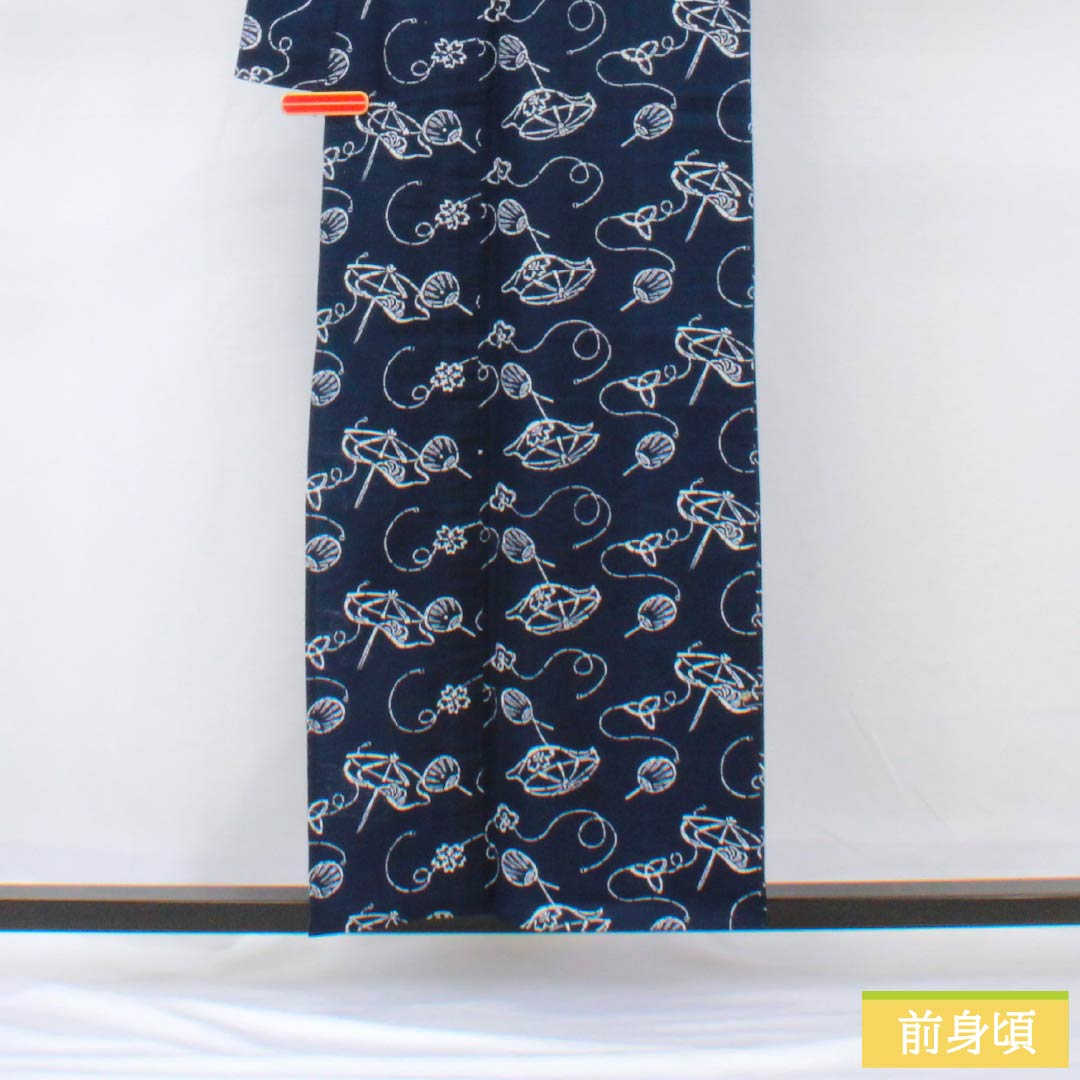 Yukata Cotton Length 157cm Sleeve length 65cm A rank Single layer Navy blue Umbrella Fan pattern 1118005603318