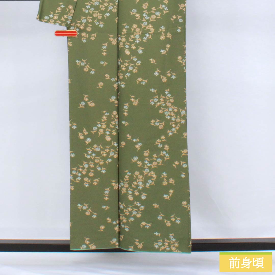 小紋 ポリエステル 身丈157cm 裄丈64cm 袷 柳煤竹色（やなぎすすたけいろ） 小花 洗える着物 Sランク 緑系 1115006242319