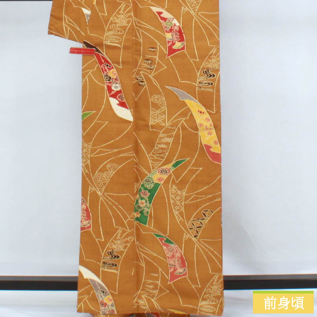 小紋 正絹 Aランク 身丈163.5cm 裄丈64.5cm 袷 金茶色（きんちゃいろ） 京紅型 短冊 紬地 橙系 1115006363426