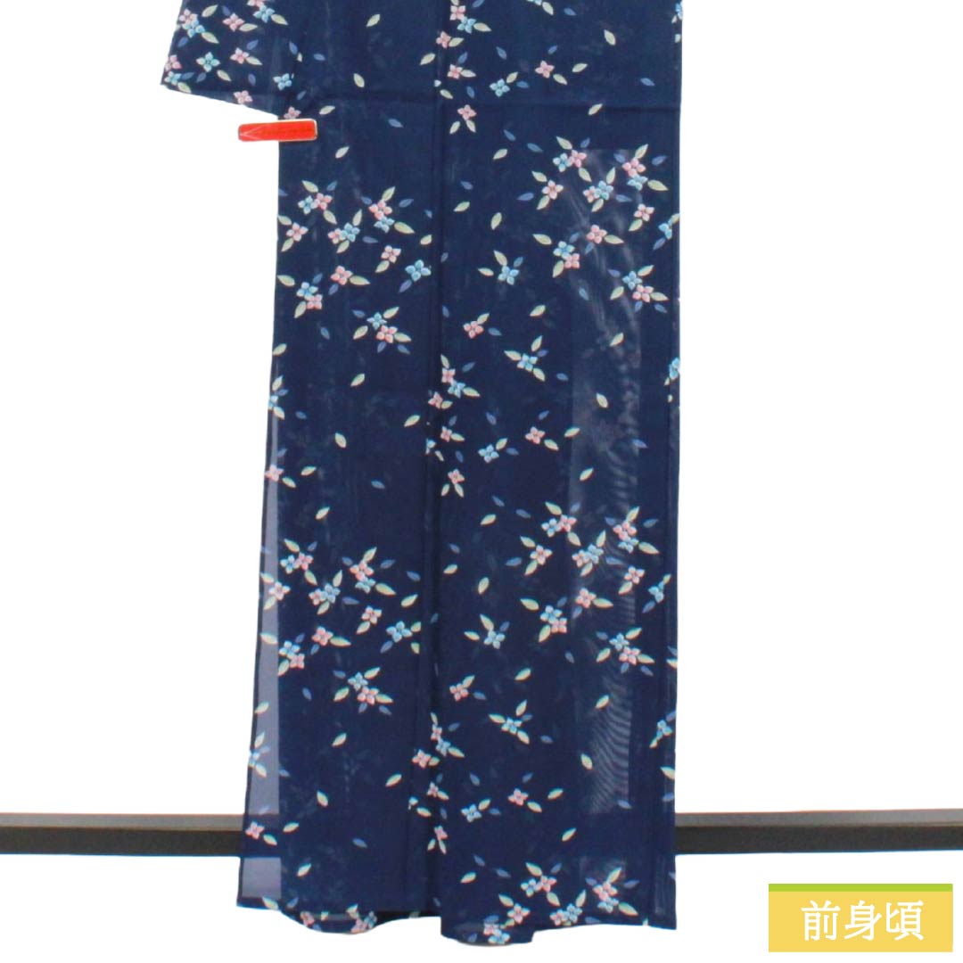 夏物 ポリエステル 小紋 Sランク 身丈162.5cm 裄丈64cm 紺色（こんいろ） 小花 洗える着物 絽 紺系 1132003552418