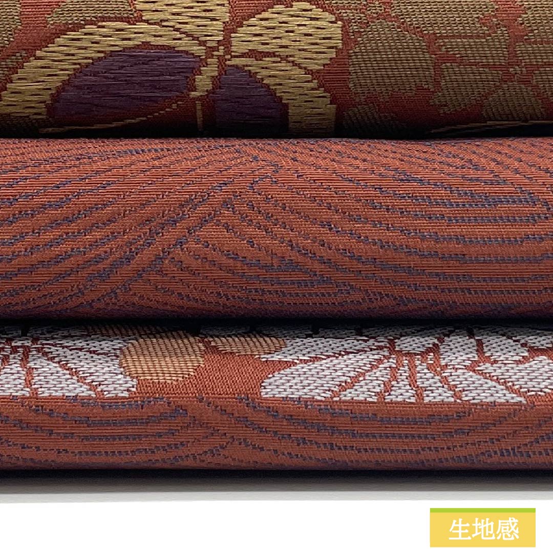 （京袋帯）名古屋帯 ポリエステル Sランク 海老茶色（えびちゃいろ） 横段 蝶 紅葉 帯丈366cm 六通 セミフォーマル 茶系 1124011022314 開き仕立て