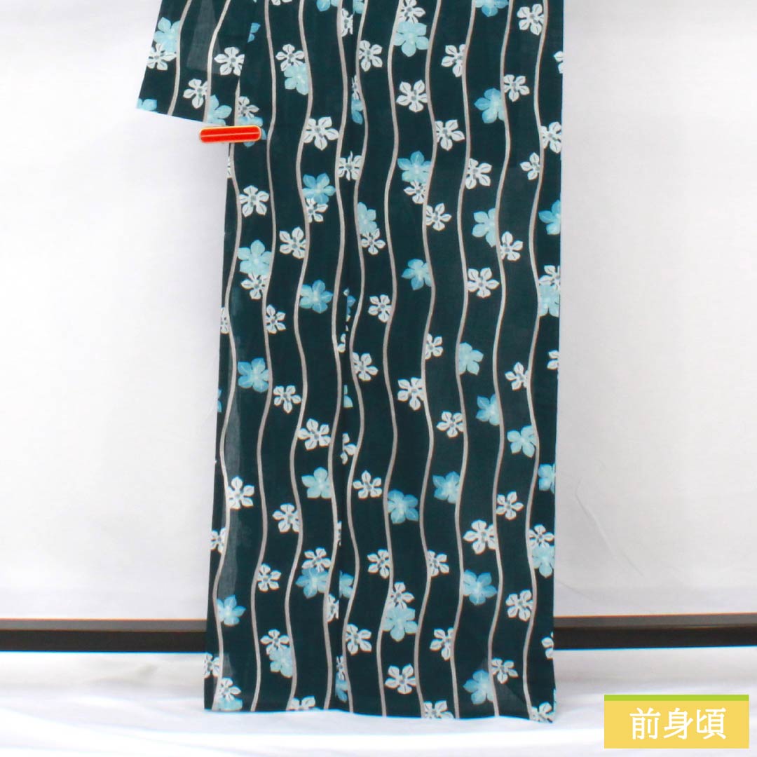 Summer kimono, polyester, small pattern, length 167cm, sleeve length 69cm, Korean nandō color, staggered stripes, flower, washable kimono, gauze, S rank, blue 1132002352517