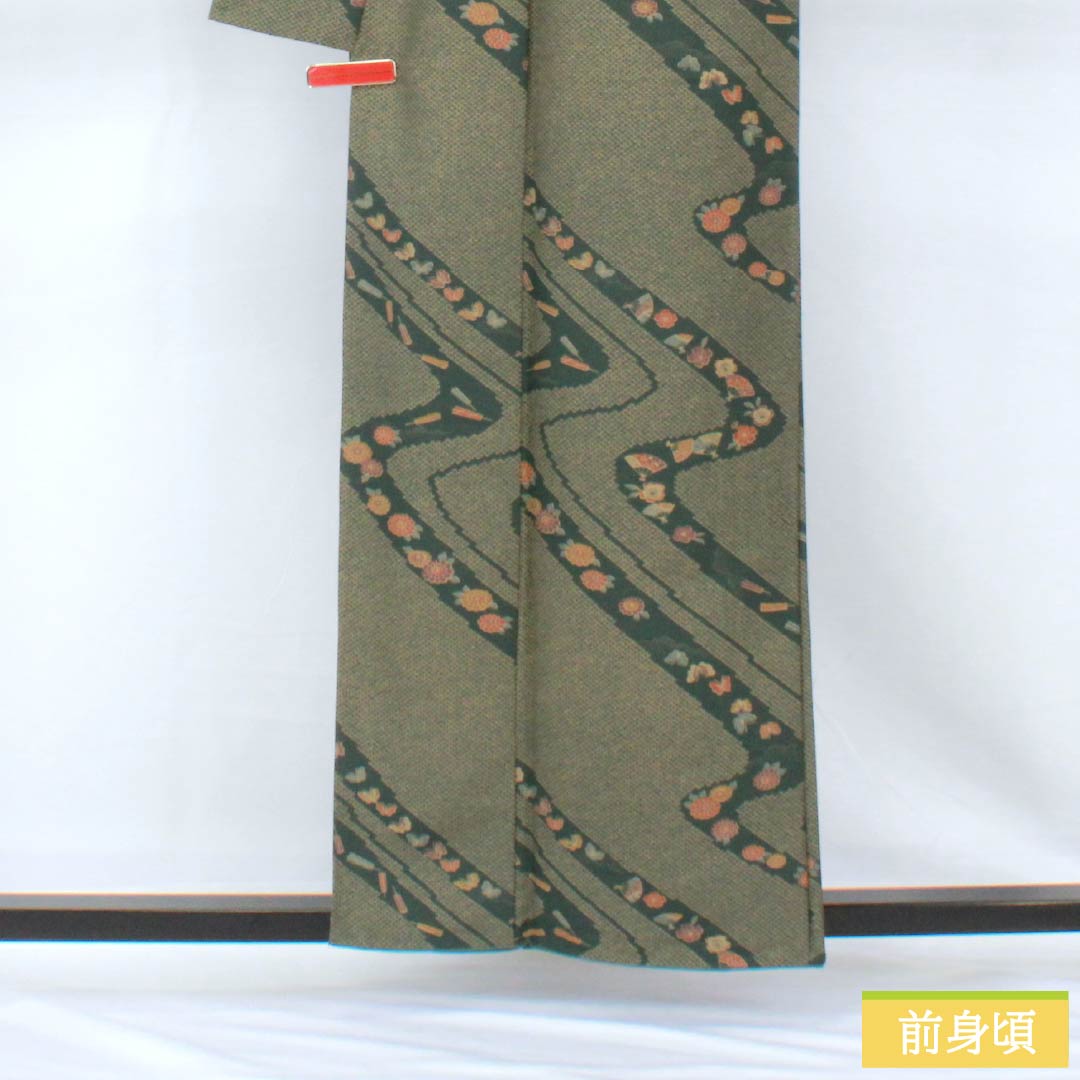 Small pattern, polyester, length 159cm, sleeve length 67cm, lined, iron color, washable kimono, flowing water, butterfly, S rank, green, 1115005192319
