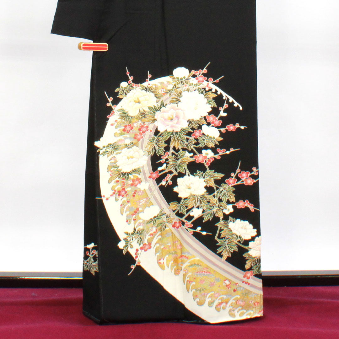 黒留袖 身丈163cm 裄丈67cm 袷 京友禅 刺繡 五瓜に違い鷹の羽 しつけ糸付き 未使用品 正絹 Sランク 五つ紋 黒系 1111001142410