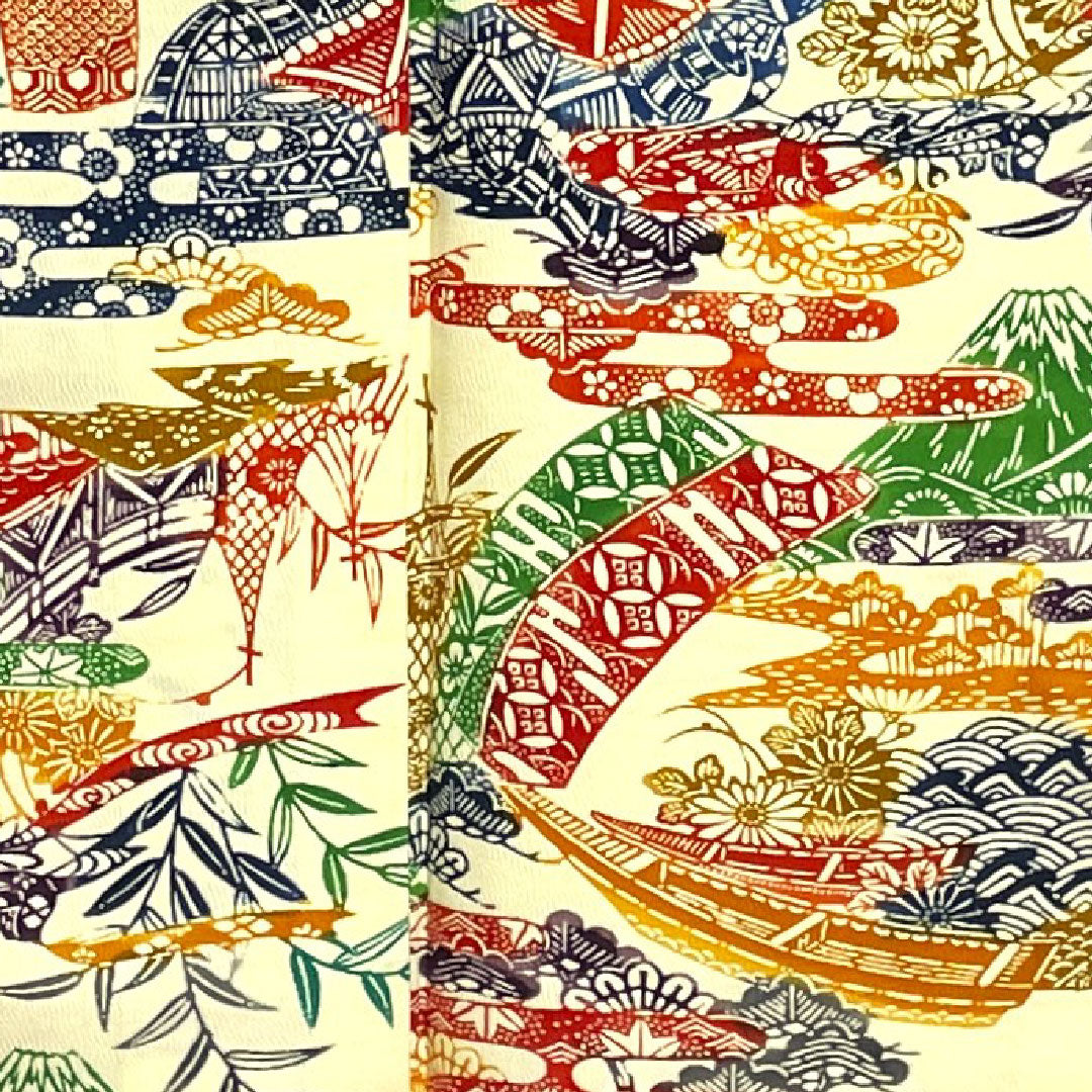 Komon Length 164.5cm Sleeve length 68cm Lined Light yellow Stencil dyeing Mt. Fuji Chayatsuji Pure silk S rank Cream 1115002402415