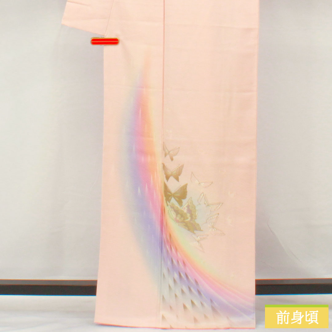 訪問着 正絹 袷 身丈167.5cm 裄丈68.5cm 今様色（いまよういろ） 京友禅 蝶 しつけ糸付き Aランク ピンク系 1112005933513