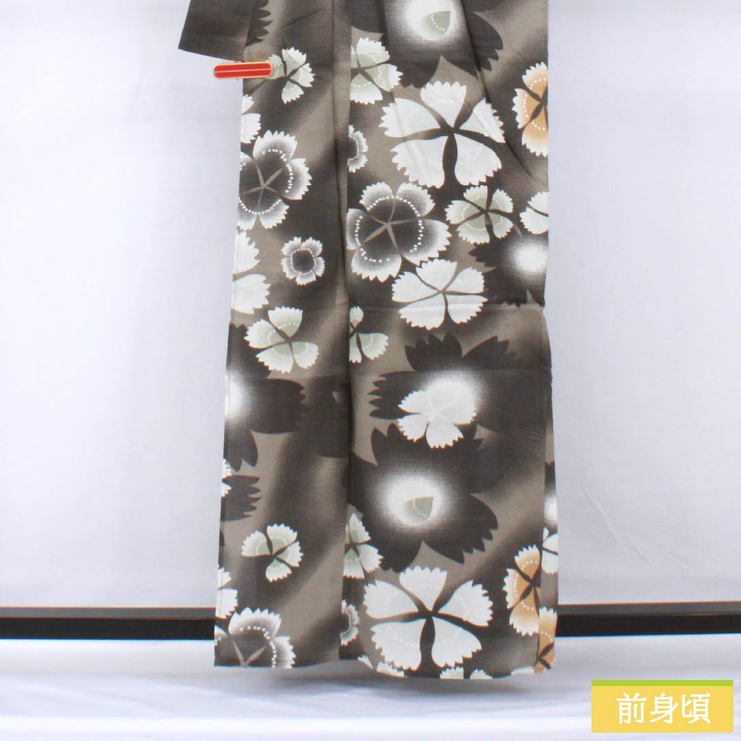 浴衣 木綿 身丈161cm 裄丈67.5cm Sランク 単衣 グレー系 消炭鼠色（けしずみねずみいろ） 秋桜 1118005312422