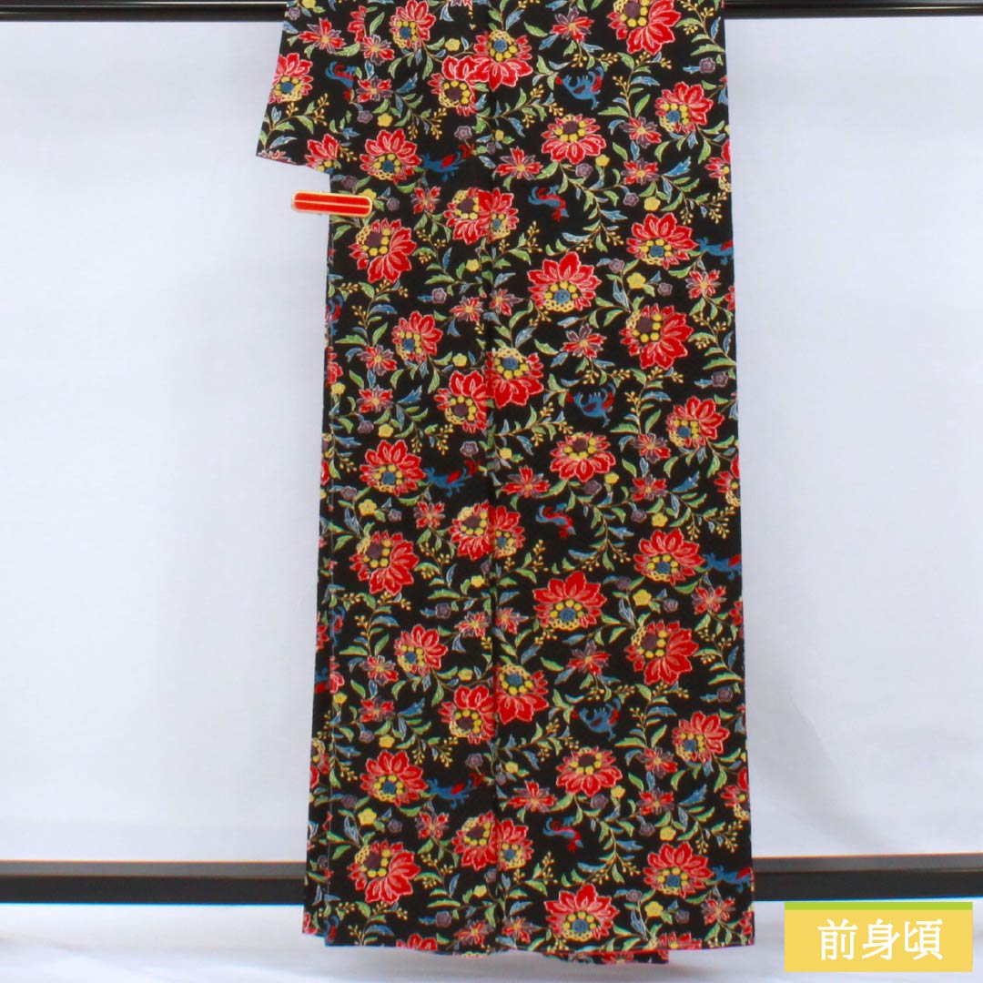 Komon (small pattern) kimono, pure silk, A-rank, length 160.5cm, sleeve length 66cm, lined, floral and bird motifs, black with basting thread, product number 1115007073410