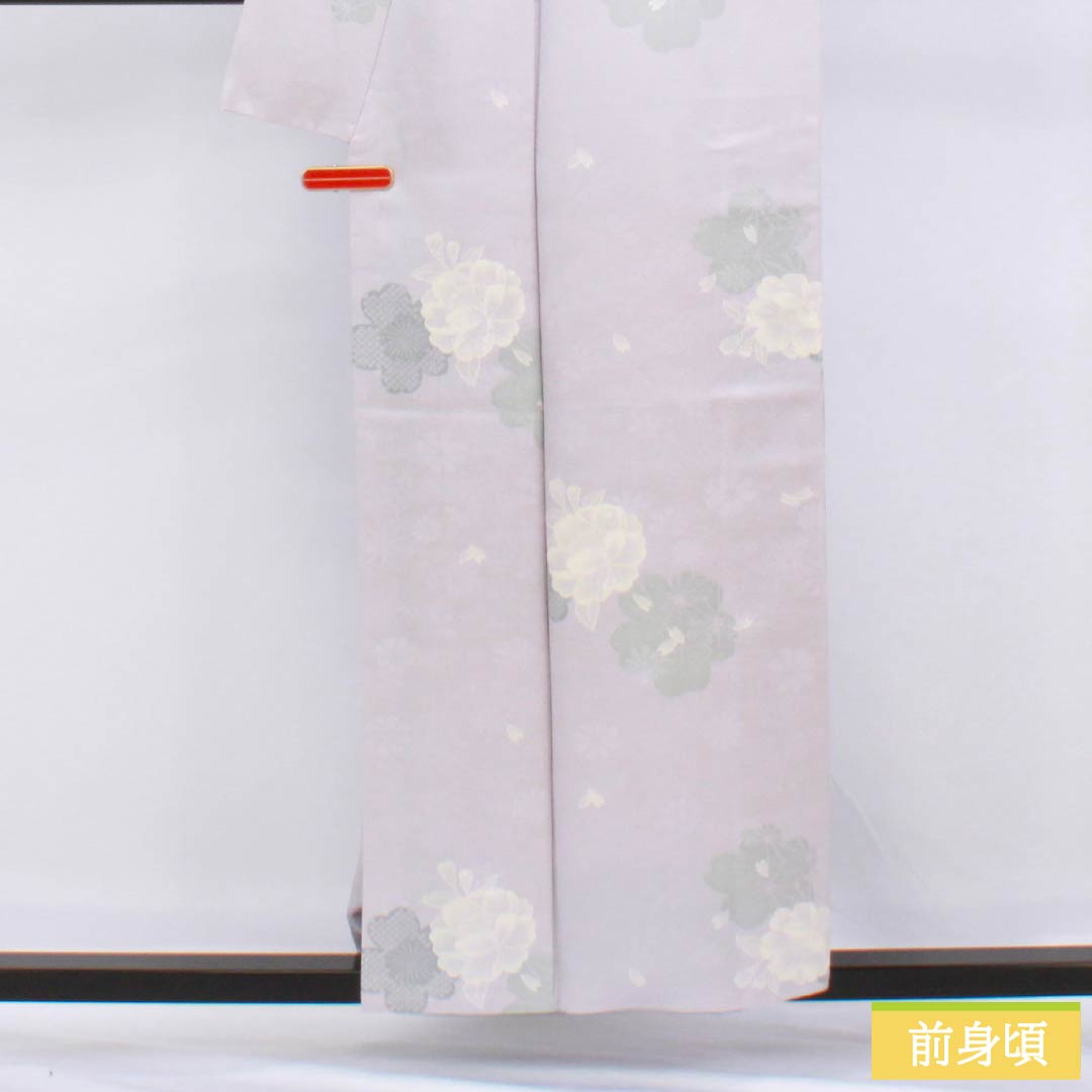 小紋 正絹 身丈156cm 裄丈66cm 袷 霞色（かすみいろ） 型染 桜 椿 きららガード Sランク 紫系 1115006192320