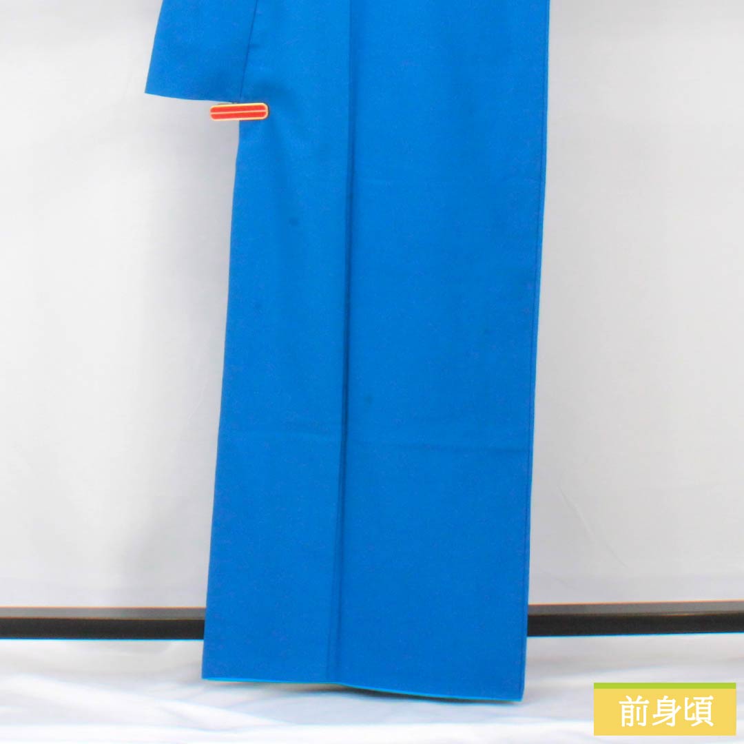 Solid-colored polyester kimono, length 163cm, sleeve length 64cm, gold and blue (kinpekishuiro) color, washable, unlined back, A rank, blue, product number 1114002153417