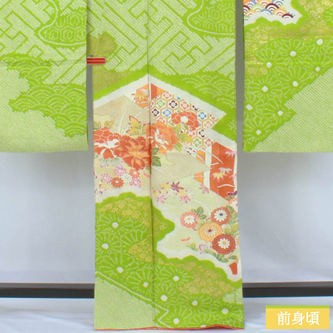 Furisode Pure Silk A Rank Length 167.5cm Sleeve-to-sleeve 64.5cm Lined Moegiiro (Yellowish Green) Kyo Yuzen Shibori Classic Pattern Green 1113002813519
