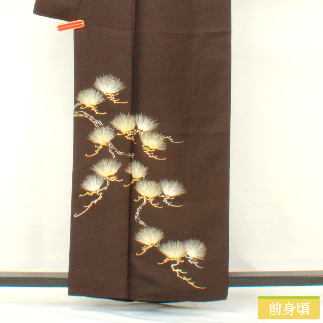 訪問着 正絹 袷 身丈161cm 裄丈65.5cm 茶黒色（ちゃぐろいろ） 京友禅 松 一つ紋 丸に木瓜 Aランク 茶系 1112005033414