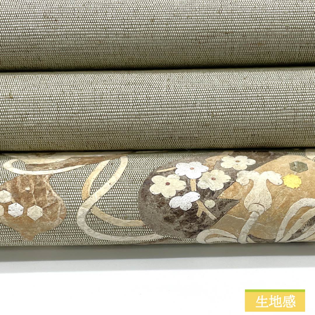 Nagoya obi, gray-green, artist's work, bagworm, spring, obi length 385cm, pure silk, S rank, point pattern, casual, green, 1124007062419, pine needle style