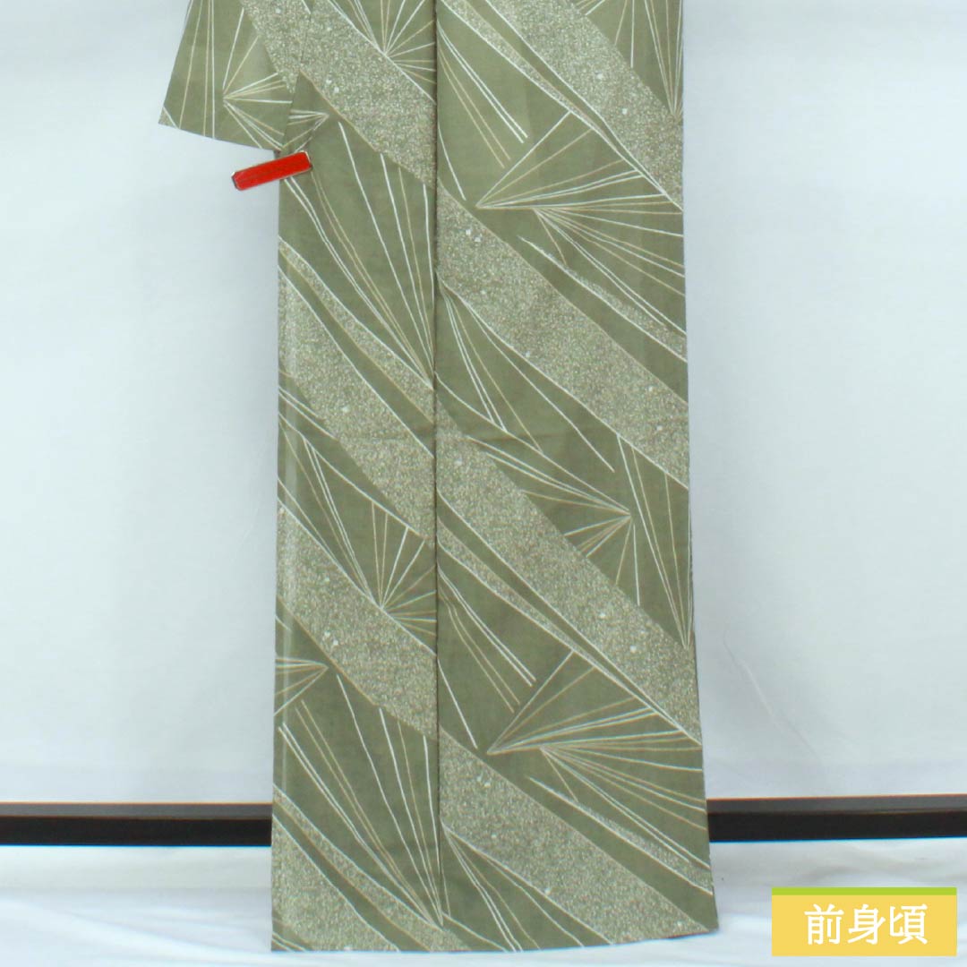 夏物 ポリエステル 小紋 身丈167cm 裄丈69.5cm 岩井茶色（いわいちゃいろ） 抽象模様 紗 Sランク 緑系 1132002392519