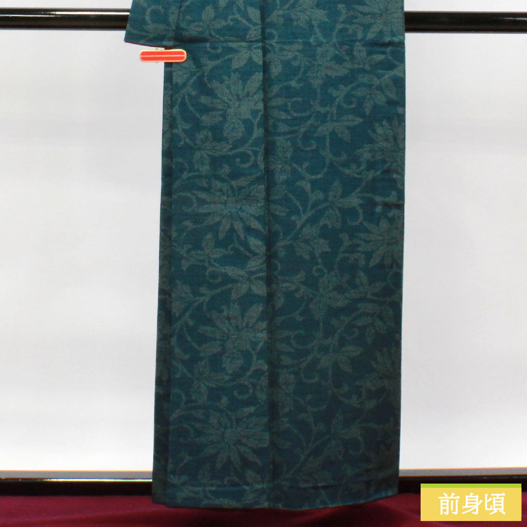 紬 正絹 身丈158cm 裄丈62.5cm  高麗納戸色 草花模様 胴抜き仕立 Sランク 胴抜き 緑系 1116002922319