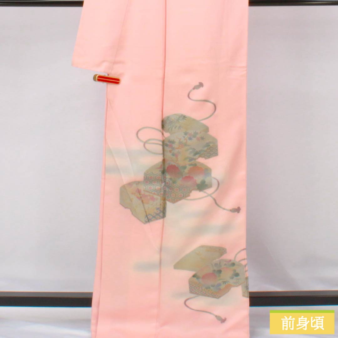 Visiting Kimono (Homongi) - Pure Silk, S-Rank, Lined, Length 167.5cm, Sleeve Length 68cm, Dawn Blue (Akebono-iro), Gold-Embossed, Stacked Box with Basting Thread, Pink, Product Number: 1112006372513