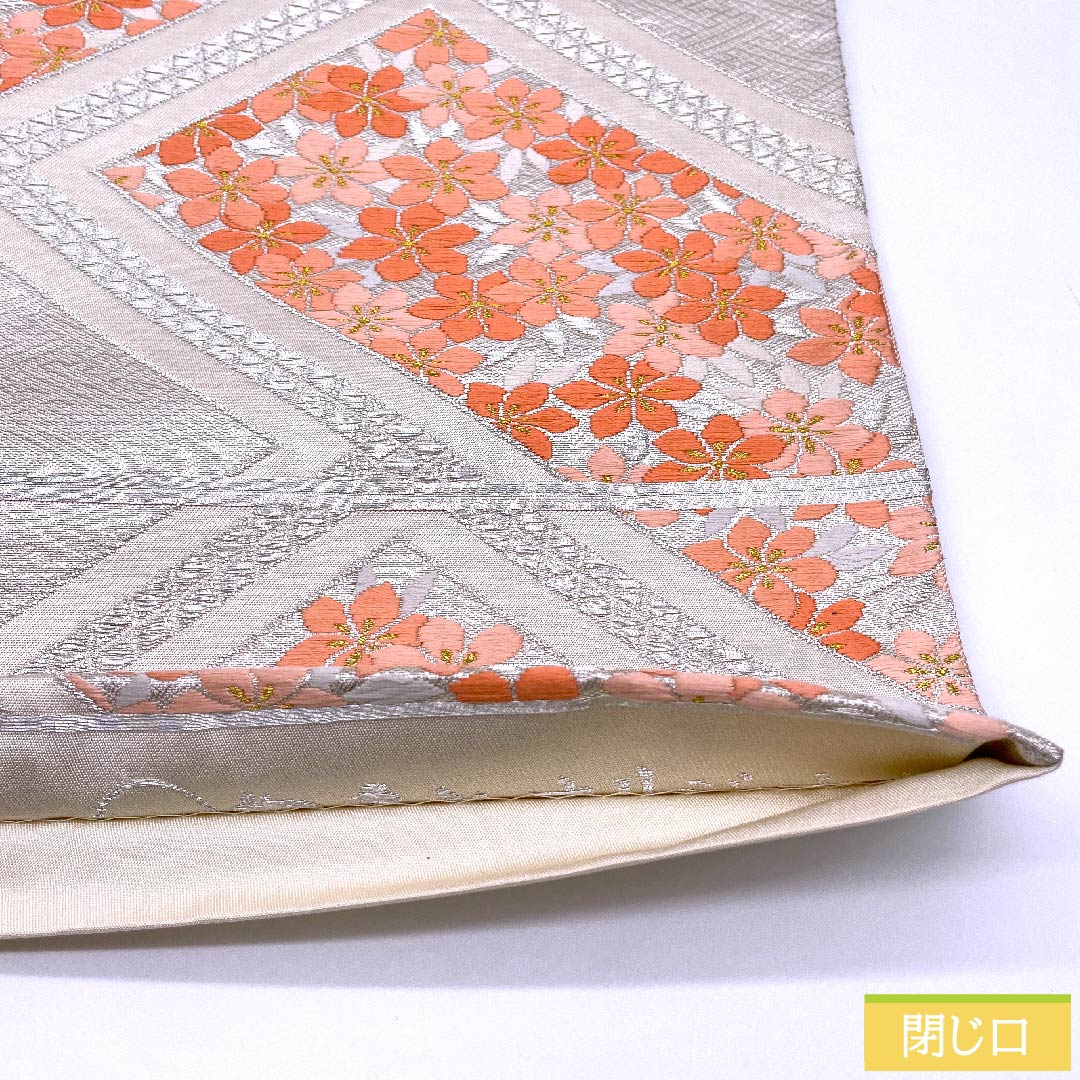 Silver Fukuro Obi, Cherry Blossom, Sayagata, Length 416cm, Pure Silk, S Rank, Six-way, Formal, Silver, 1123010282322