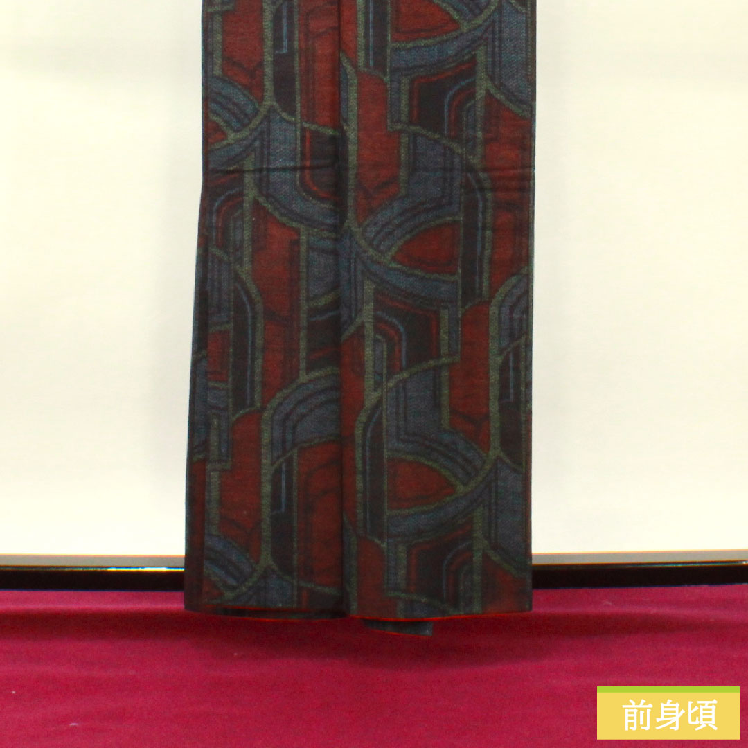 紬 正絹 身丈159cm 裄丈62cm 抽象模様 Sランク 袷 紺系 1116003422318