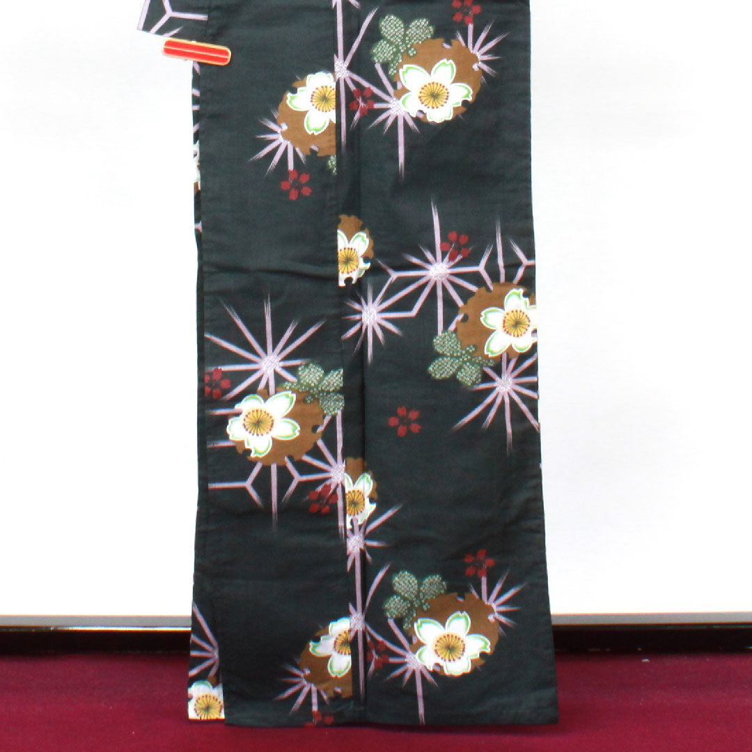 Yukata, Snowflake, Cherry Blossom, Asanoha, Cotton, S Rank, Single Layer, Length 164.5cm, Sleeve Length 64cm, Black, 1118002212410