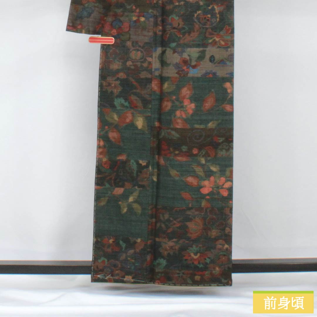 Pure silk tsumugi (pongee) with a horizontal stripe and abstract pattern, length 160.5cm, sleeve length 64cm, iron-colored, Ojiya tsumugi, grade A, lined, green, product number 1116003843419