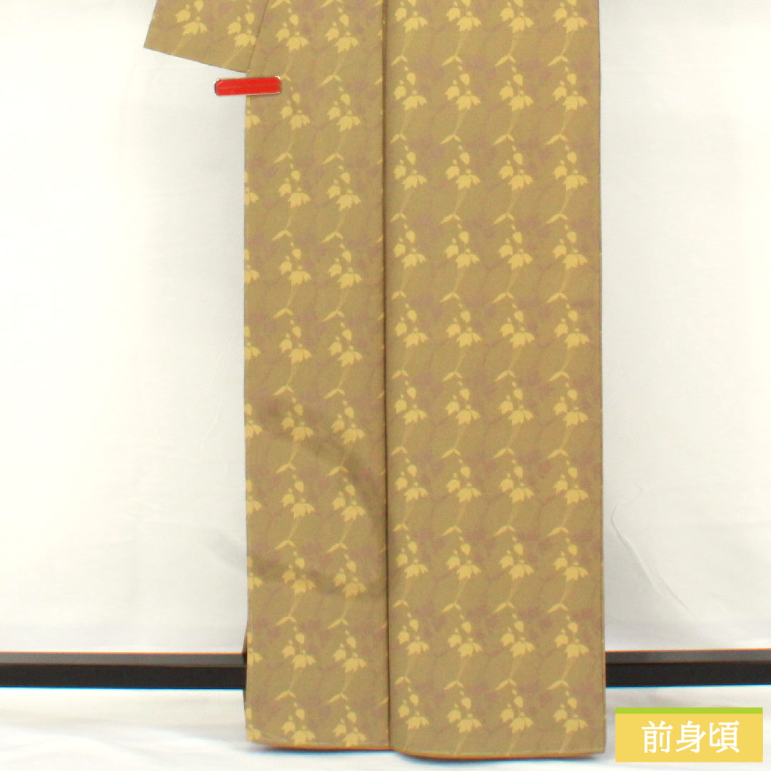 小紋 ポリエステル 身丈163cm 裄丈65cm 袷 紀州茶色（きしゅうちゃいろ） 洗える着物 抽象花 しつけ糸付き 未使用品 Sランク 緑系 1115004922419