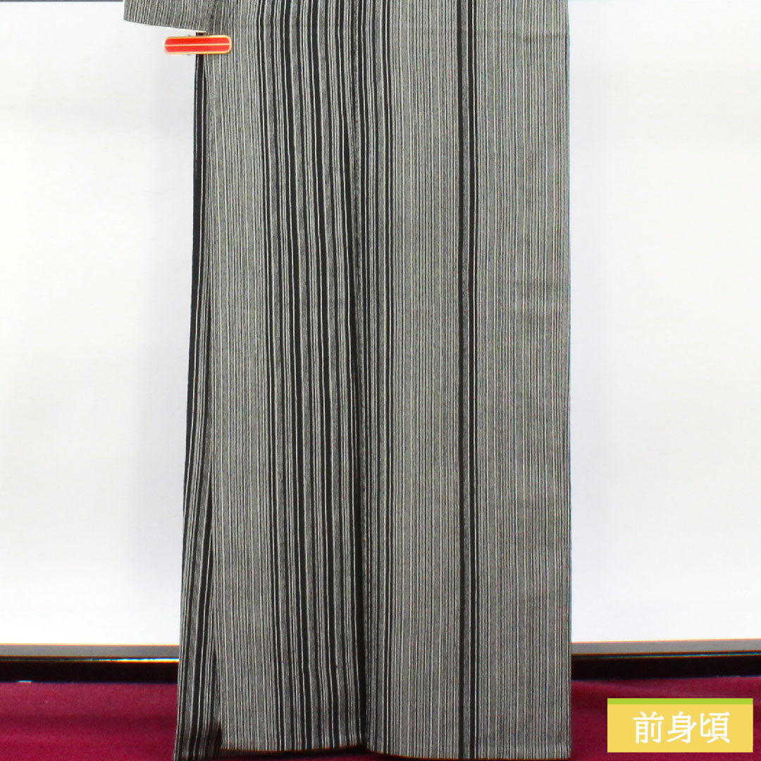 紬 正絹 身丈165.5cm 裄丈65cm 縞 Sランク 単衣 モノトーン 1116003692527