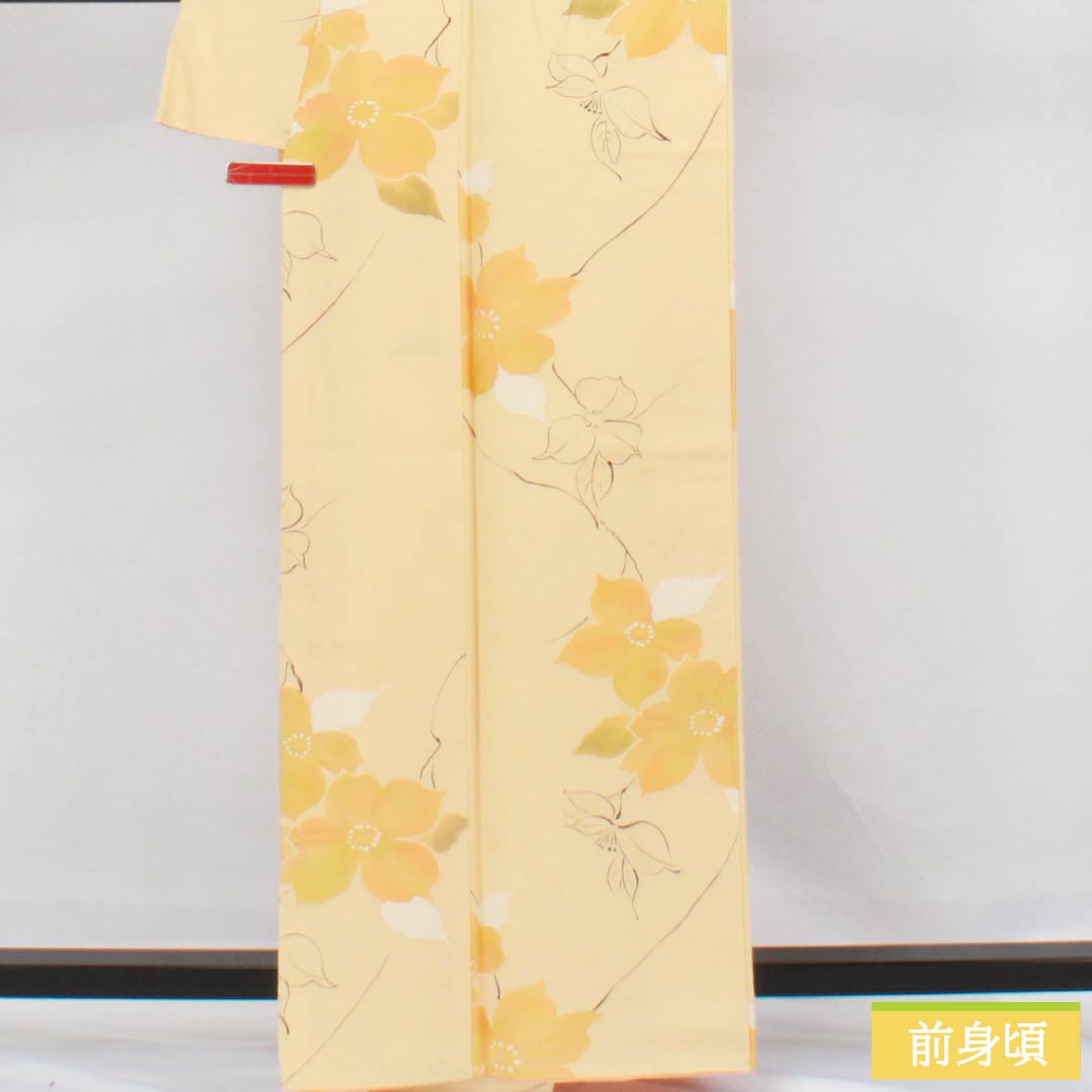 小紋 正絹 身丈160.5cm 裄丈64.5cm 袷 麴色（こうじいろ） 地紋起こし 洋花 Aランク クリーム系 1115006153415