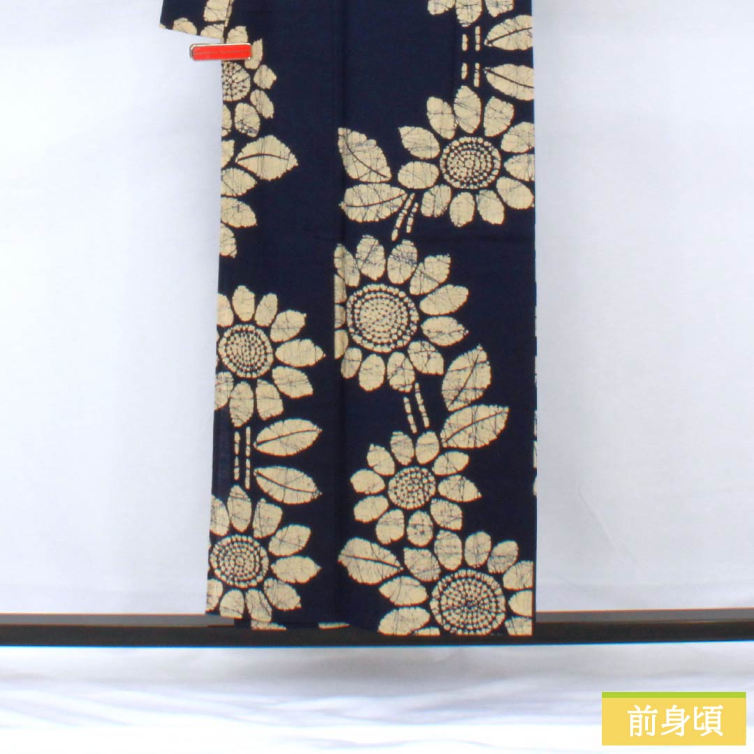 浴衣 木綿 身丈154cm 裄丈62.5cm Bランク 単衣 紺系 濃紺色（のうこんいろ） 向日葵 1118005844218