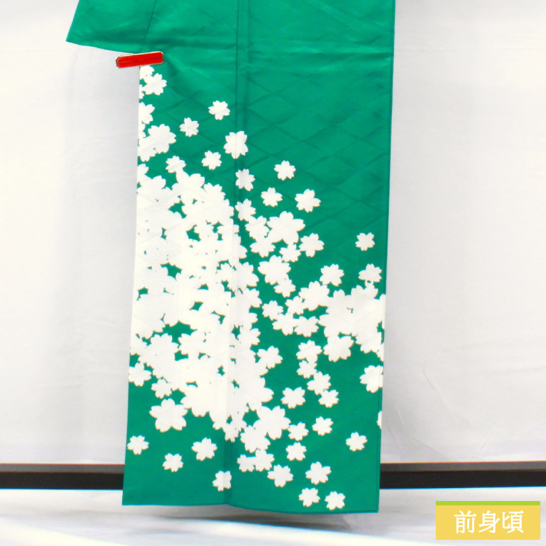 Homongi (formal kimono) made of polyester, lined, length 159cm, sleeve length 62cm, peacock green, washable kimono, cherry blossom, S rank, green, 1112005372319