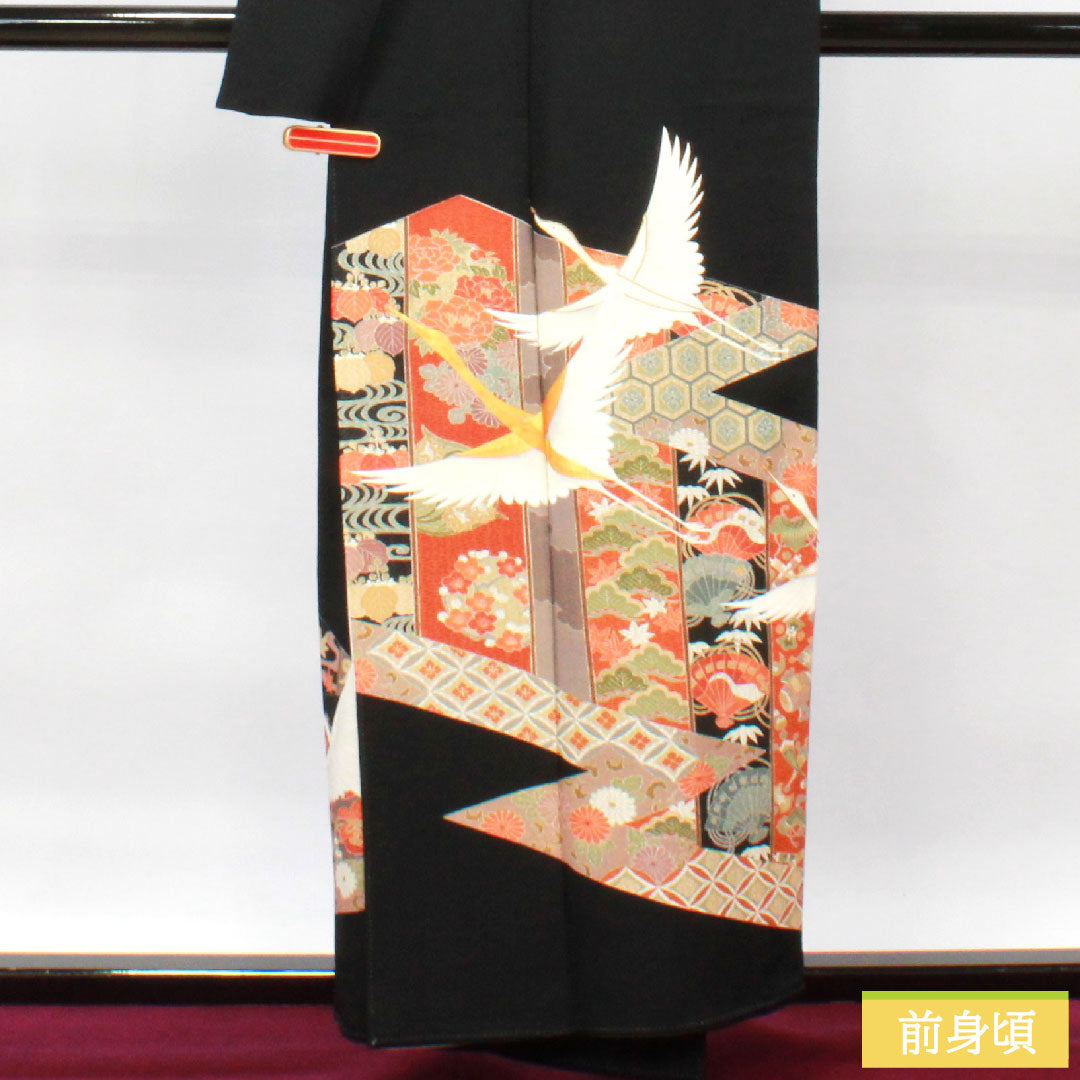 黒留袖 正絹 身丈156.5cm 裄丈62.5cm 袷  京友禅 鶴 吉祥文様 五つ紋 五三桐  Sランク 五つ紋 黒系 1111001182310