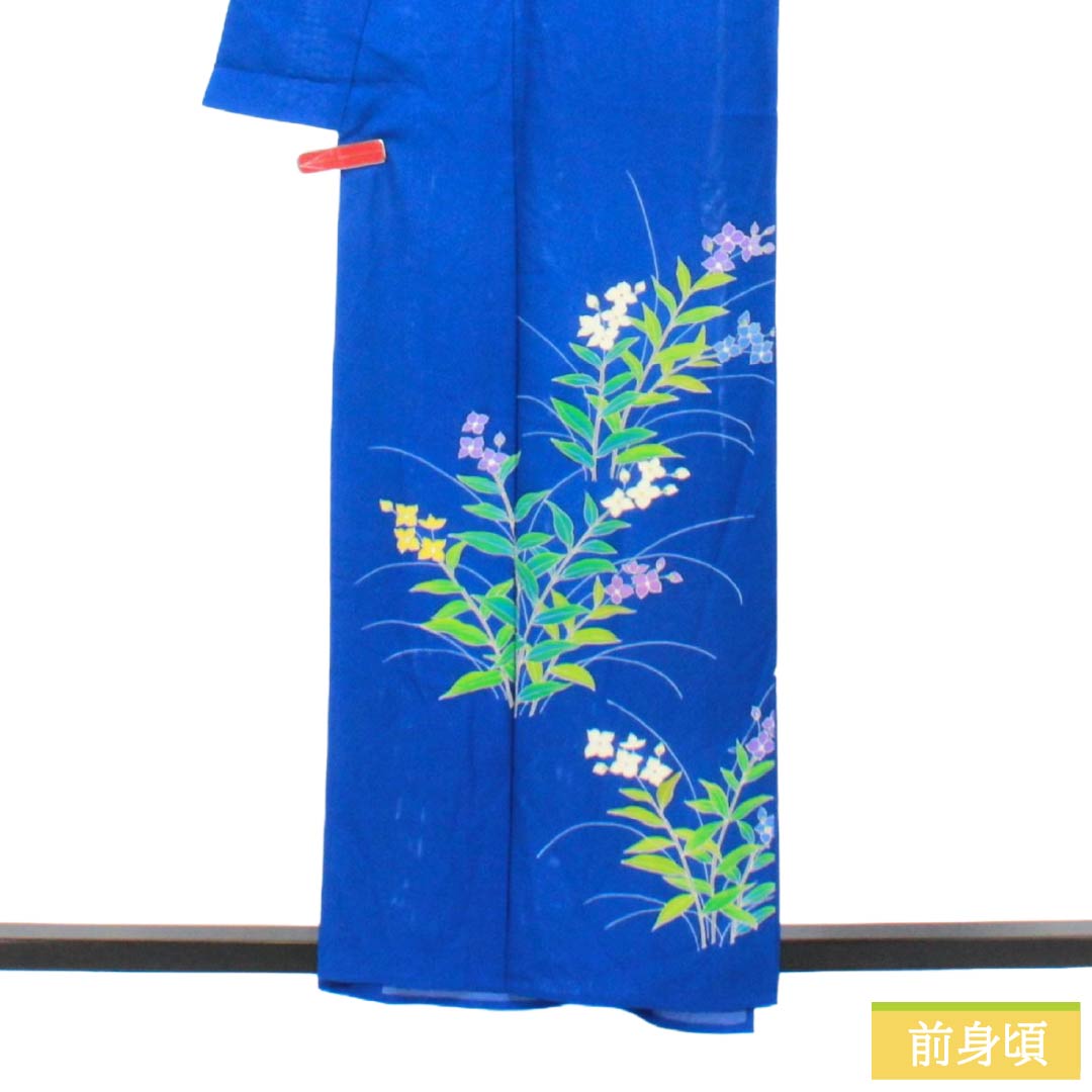 Summer Silk Homongi A-Rank, Length 157.5cm, Sleeve-to-Sleeve 64cm, Lapis Lazuli, Tsukesage, Floral Pattern, Kyo-Yuzen, Ro, Blue, 1132003753317