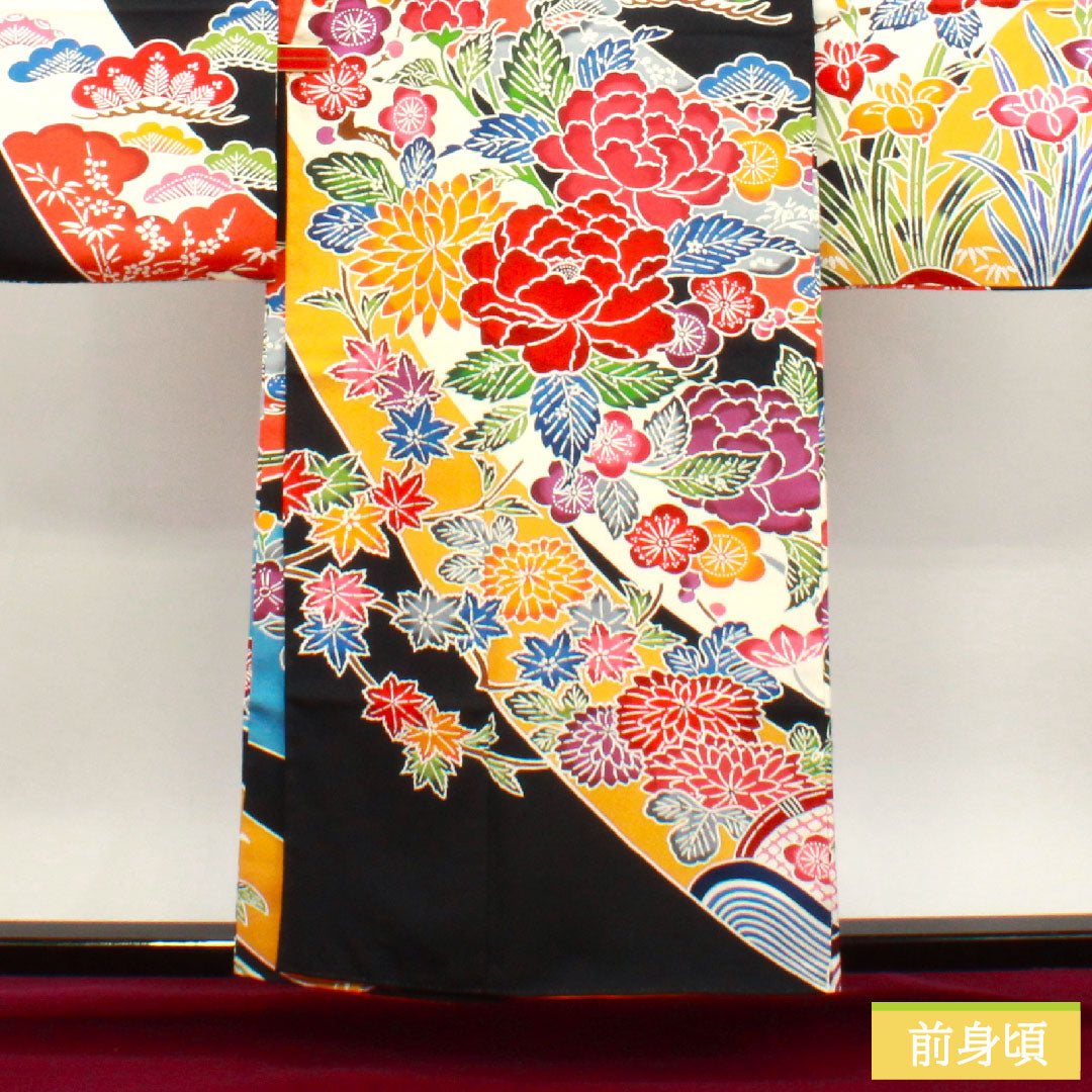 振袖 正絹 身丈157cm 裄丈63cm 袷  京紅型 草花模様  Sランク 黒系 1113001862310