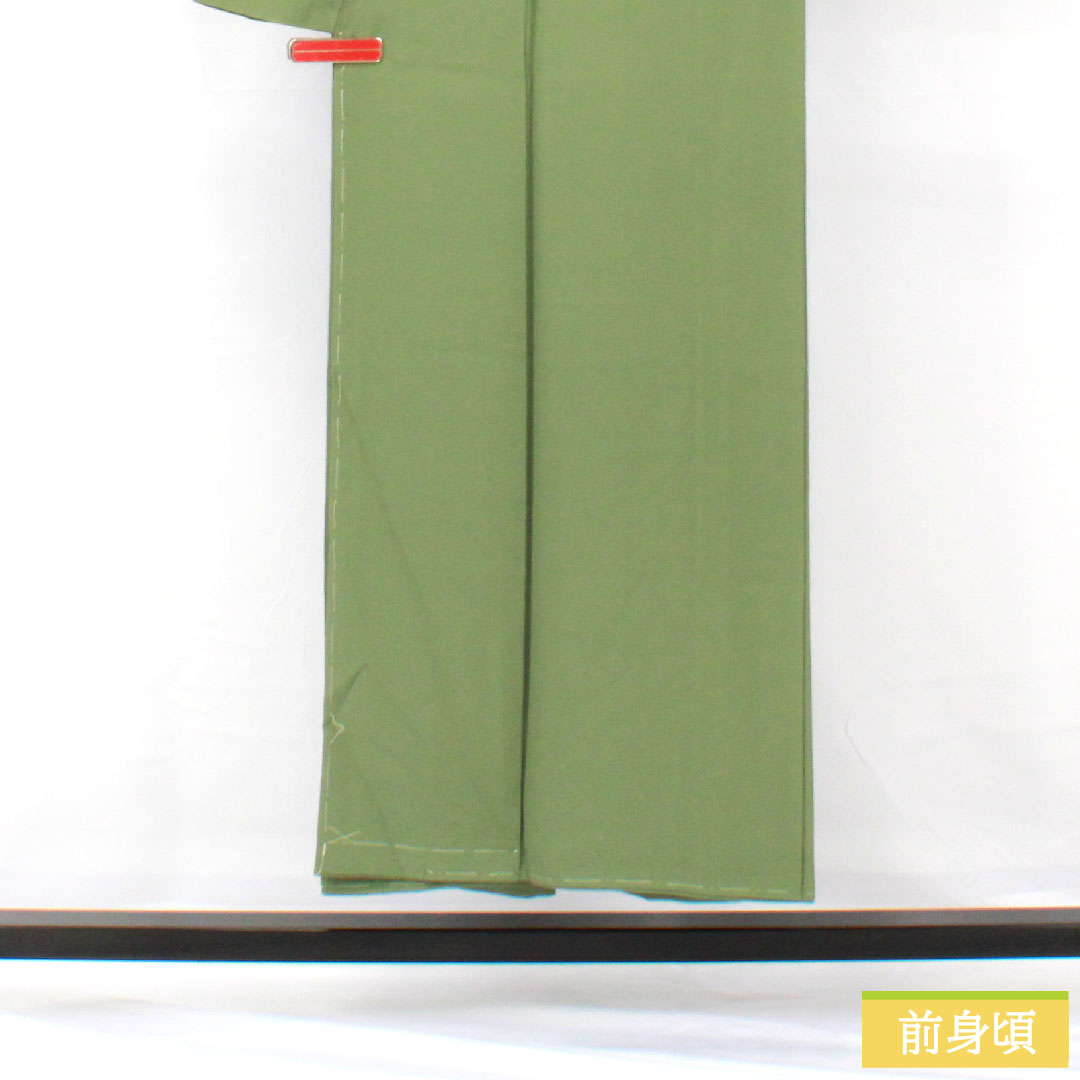 Plain color, pure silk, length 150cm, sleeve length 63cm, Bushukan color, plain color, one crest, corner cut corner with katabami, lined, S rank, green, 1114001802119