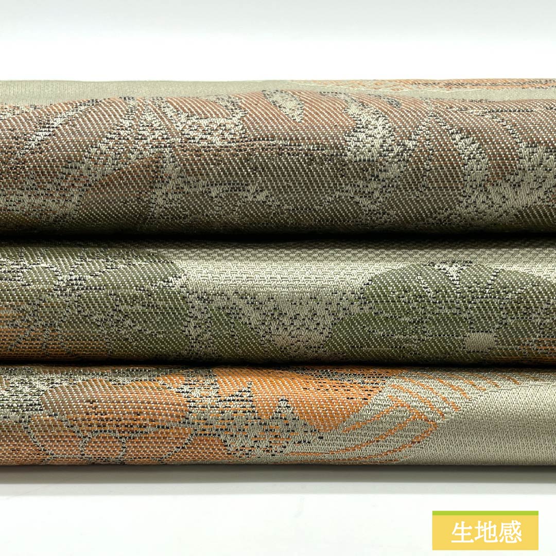 Nagoya obi, yellow-grey, Hakata weave, puffed weave, Cyprus treasure, obi length 356cm, pure silk, S rank, six-pass, casual, green, 1124008202319, Matsuba style
