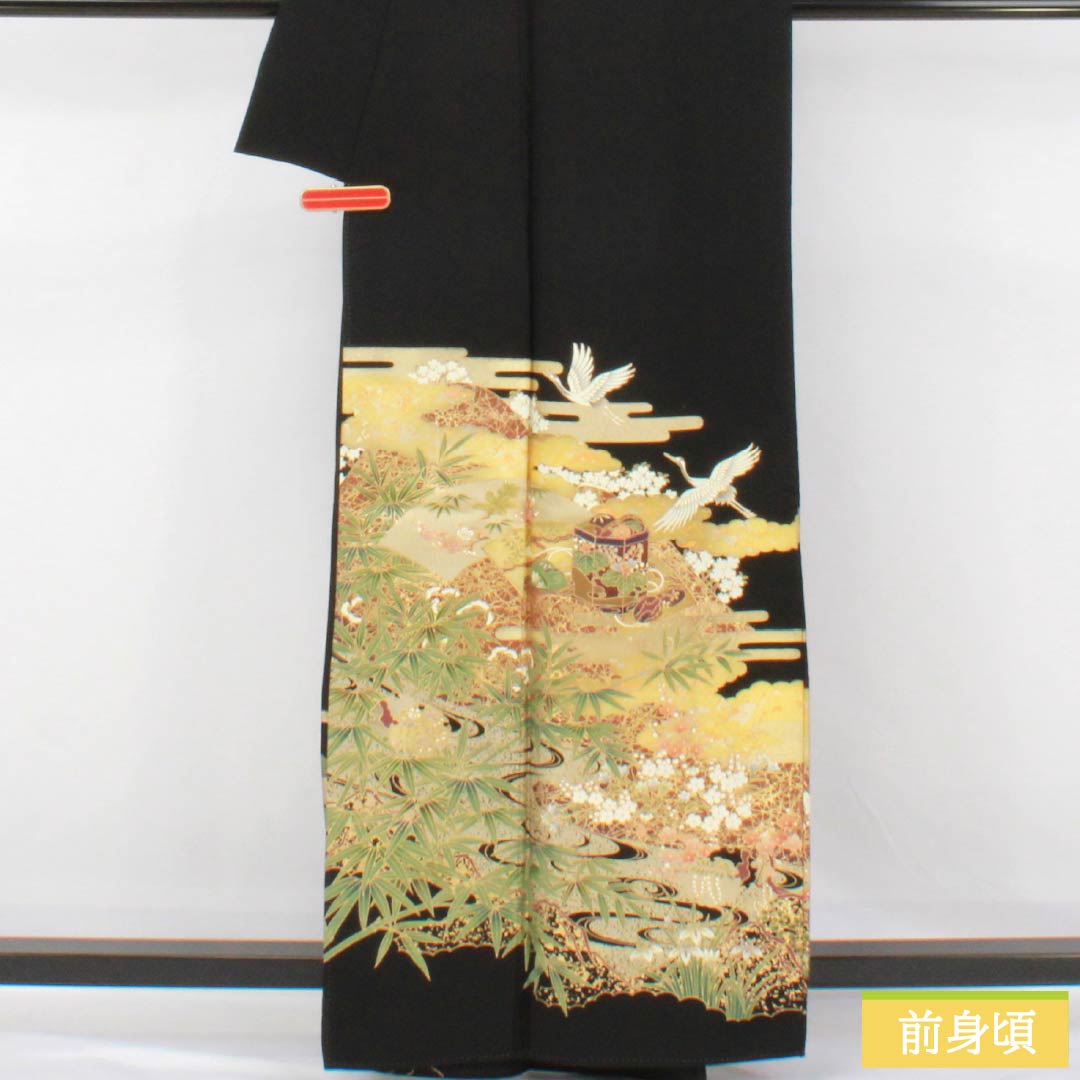 黒留袖 正絹 Aランク 身丈160.5cm 裄丈65cm 袷 京友禅 五つ紋 梅鉢 物語文様 鶴 貝桶 松 五つ紋 黒系 1111002083410