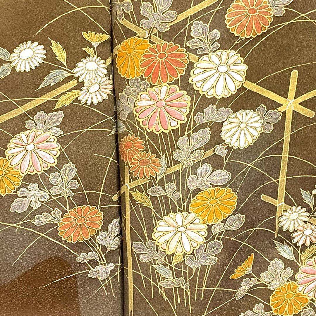 Colored Tomesode, Length 160cm, Sleeve Length 64cm, Awase, Constitution Color, Living National Treasure, Fukuda Yoshishige, Floral Pattern, Different Sedge, Pure Silk, S Rank, Three Crests, Brown, 1111000422414