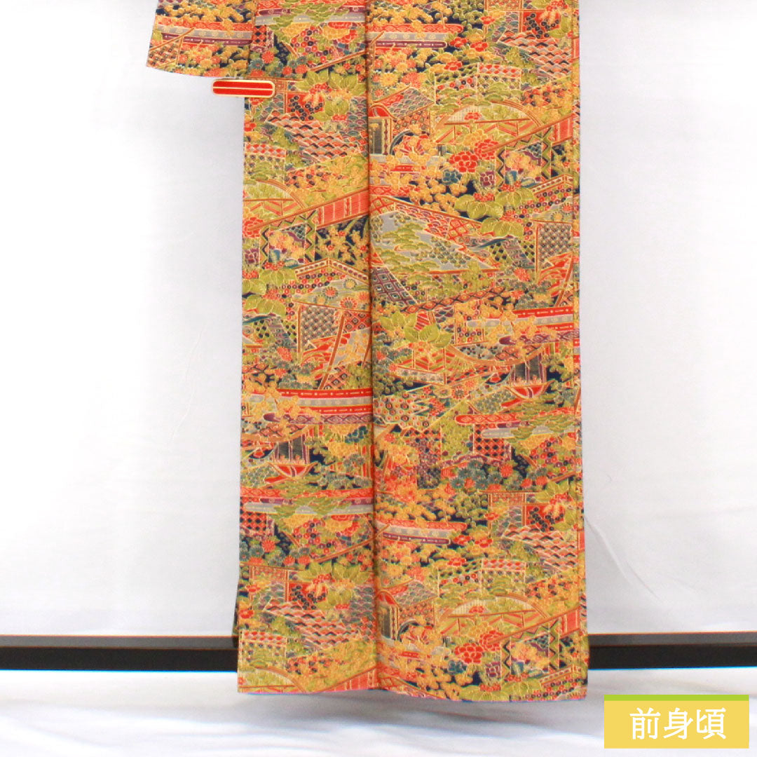 小紋 ポリエステル 身丈160cm 裄丈63.5cm 袷 紺藍色（こんあいいろ） 洗える着物 吉祥文様 Sランク 紺系 1115004612418