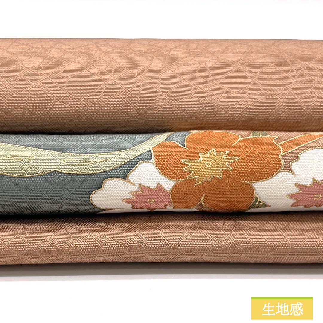 名古屋帯 緋褪色（ひさめいろ） 染め帯 花模様 帯丈373cm 正絹 Sランク ポイント柄 セミフォーマル 茶系 1124008902314 名古屋仕立て